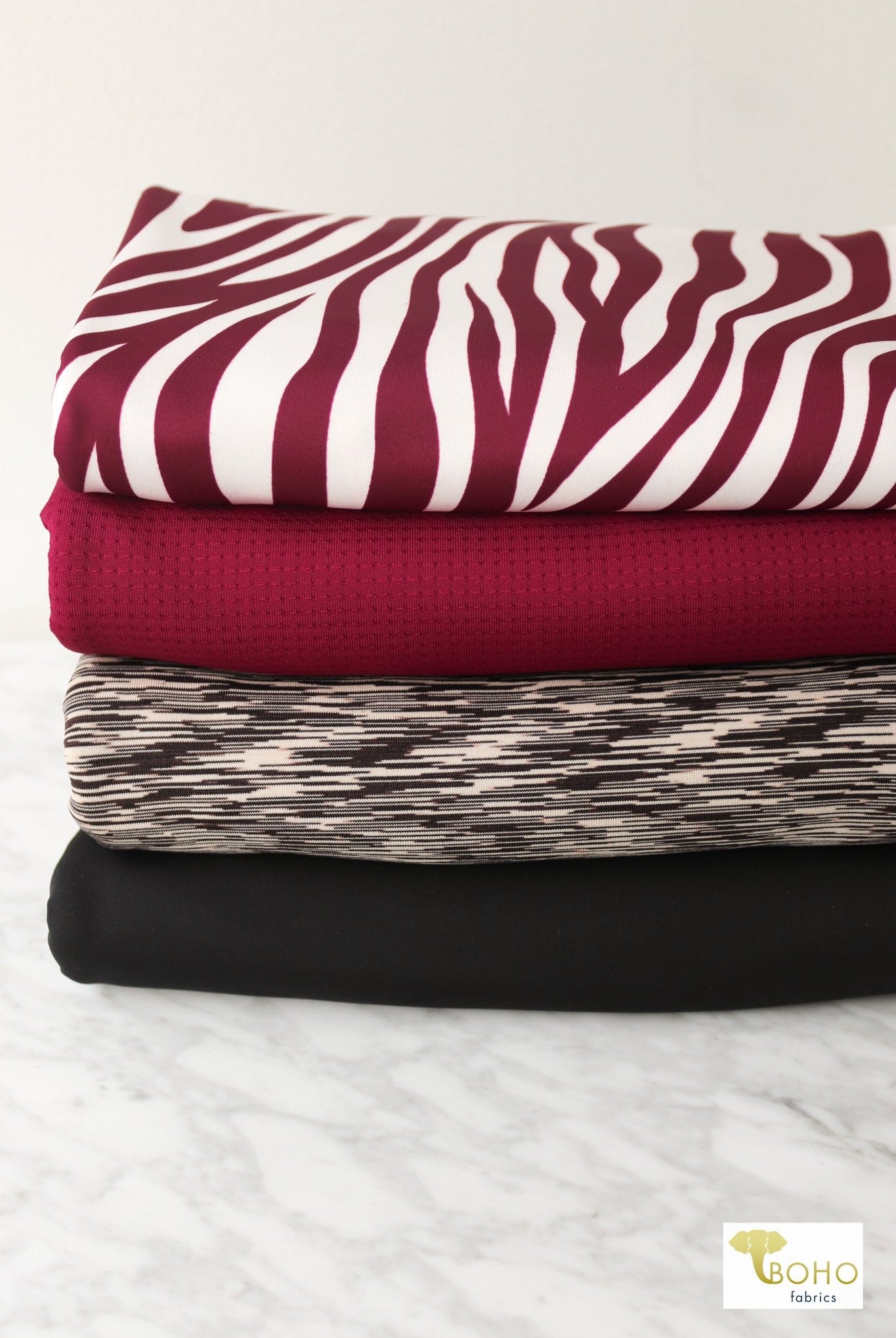04/10/2024 Fabric Happy Hour! Burgundy Zebra Stride, Athletic Bundle. Ready to Ship! - Boho Fabrics - Fabric Bundles