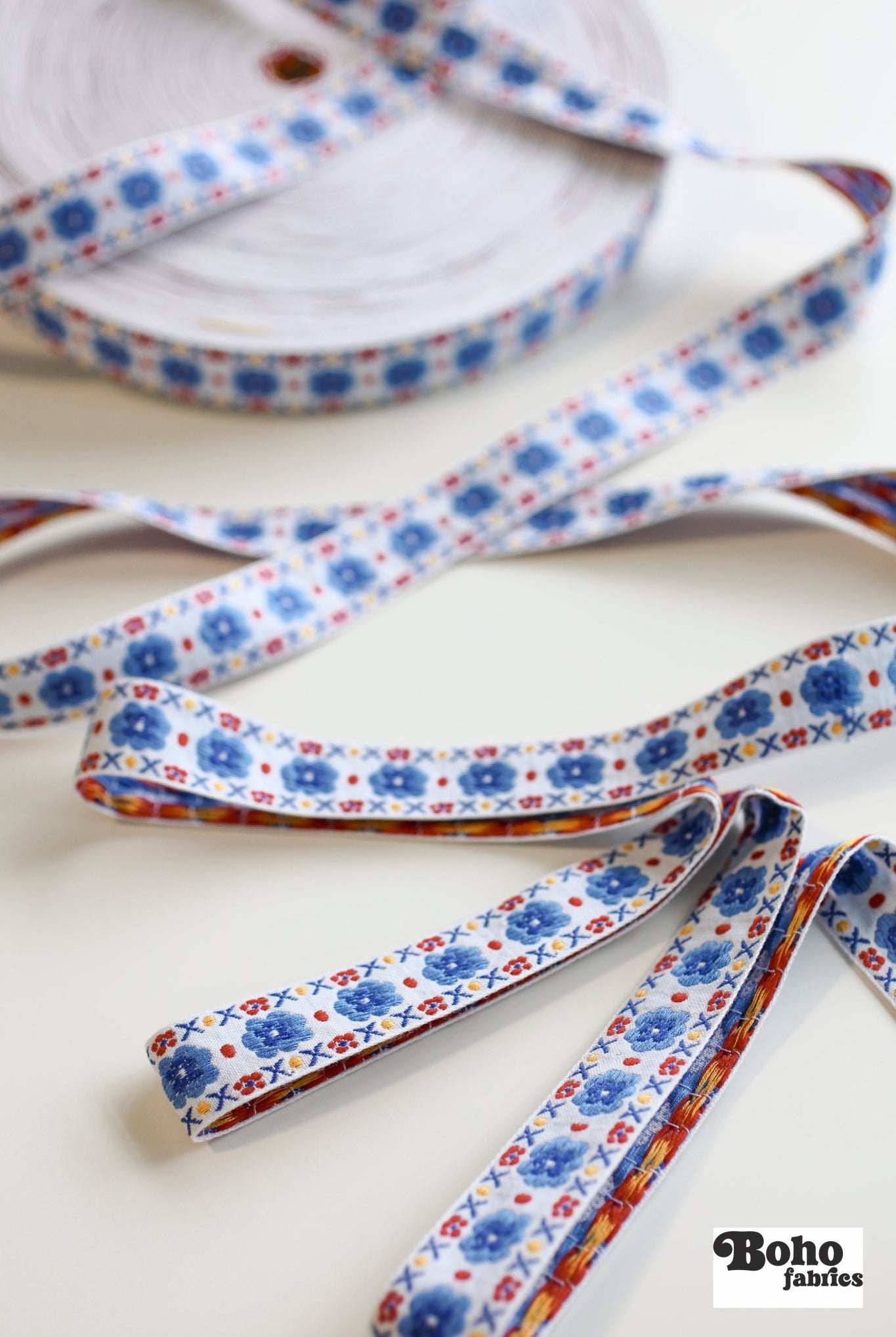 1" Stitchwork Blooms in Blue. Vintage Jacquard Woven Trim, TRIM - 030 - Boho Fabrics - Trims