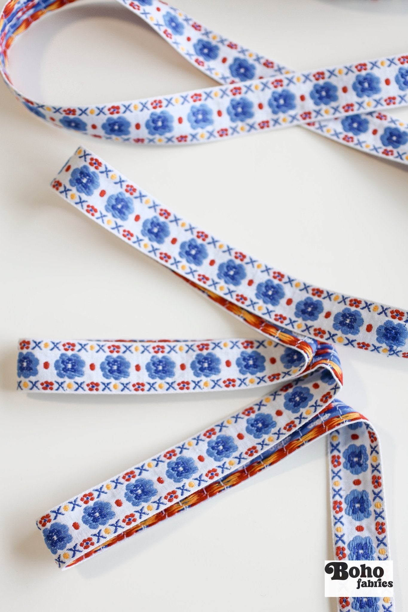 1" Stitchwork Blooms in Blue. Vintage Jacquard Woven Trim, TRIM - 030 - Boho Fabrics - Trims