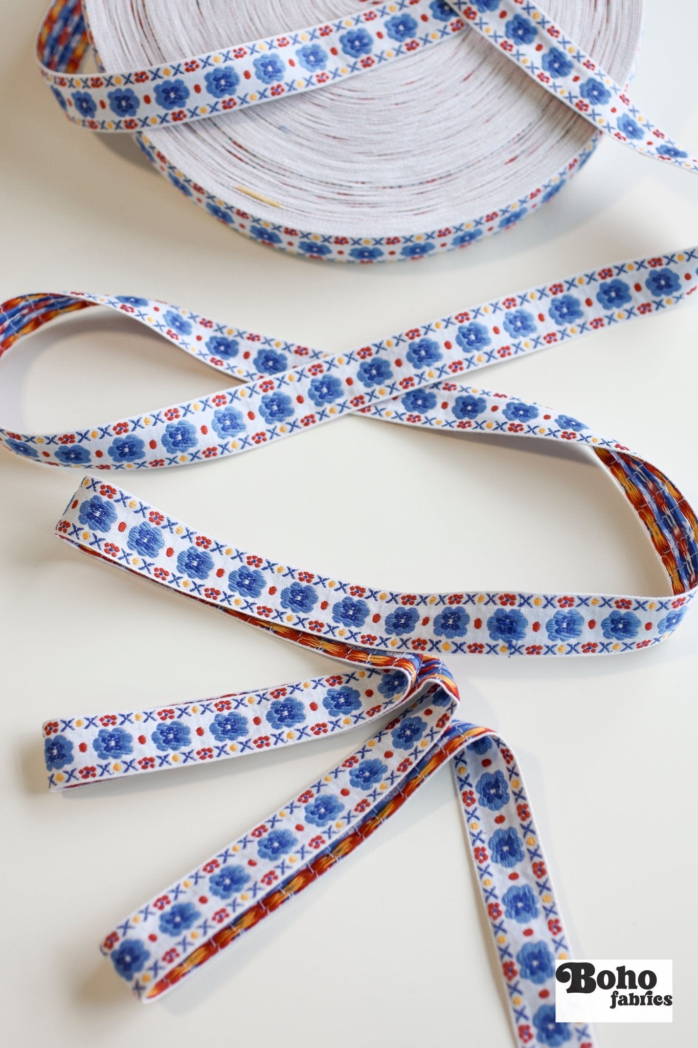 1" Stitchwork Blooms in Blue. Vintage Jacquard Woven Trim, TRIM - 030 - Boho Fabrics - Trims