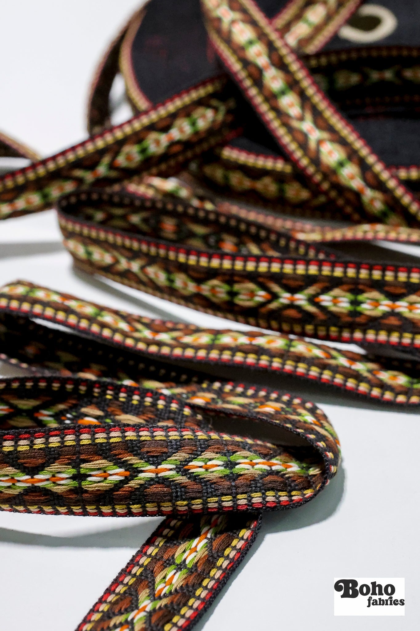 1" Summitline Brown/Green, Jacquard Woven Trim. TRIM - 005 - Boho Fabrics - Trims