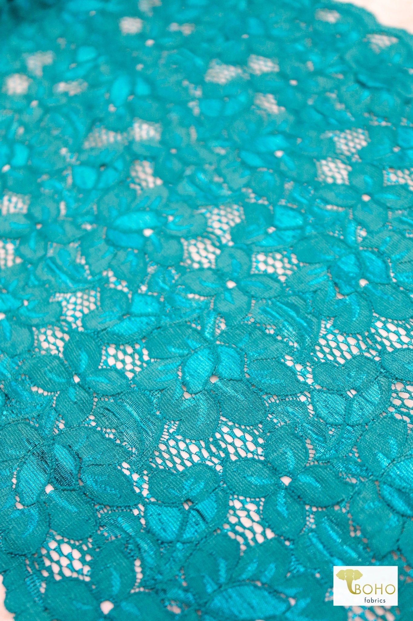10.5" Teal Florals, Stretch Galloon Lace Trim. - Boho Fabrics