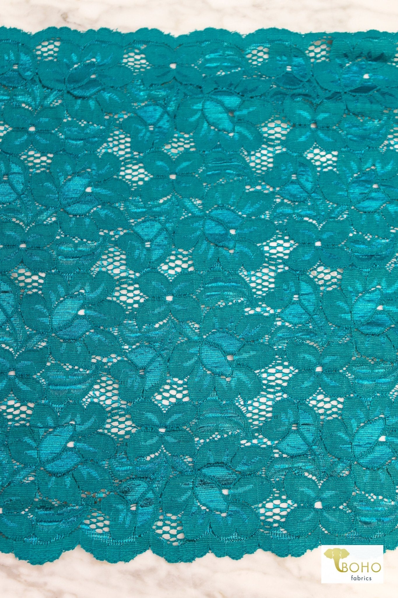 10.5" Teal Florals, Stretch Galloon Lace Trim. - Boho Fabrics