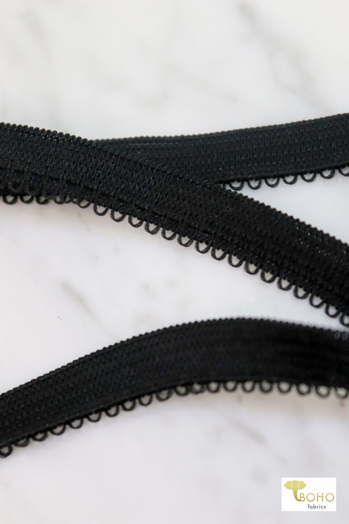 1/2" Black, Picot Elastic. SOLD PER PACKAGE OF 3 YARDS. - Boho Fabrics