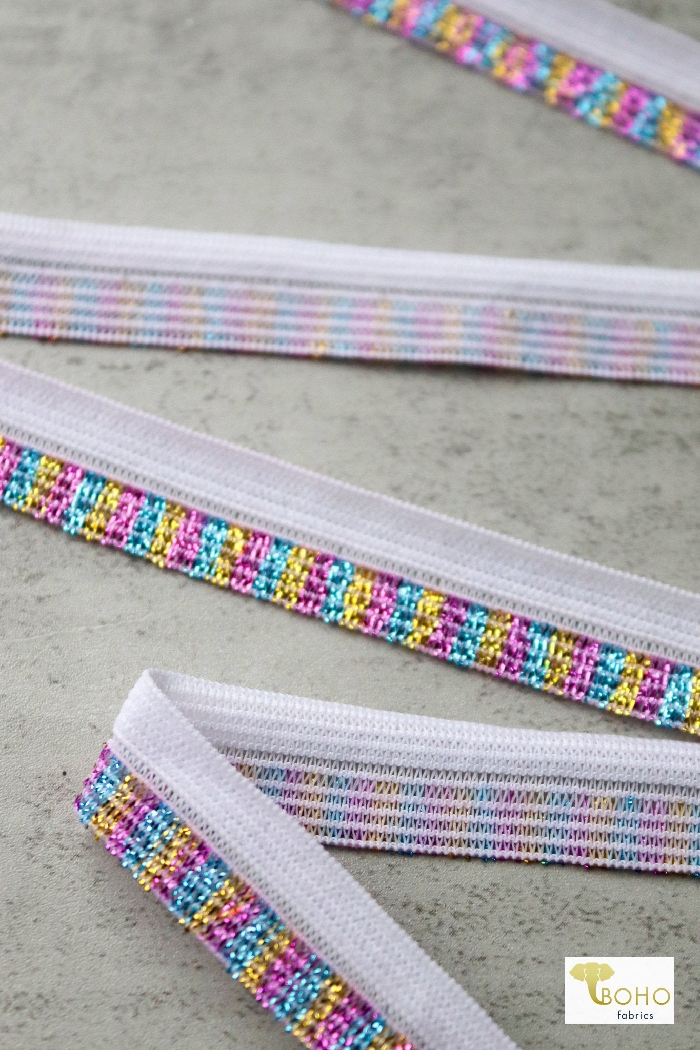 1/2" Metallic Unicorn, Fold Over Elastic. SOLD PER PACKAGE OF 3 YARDS. - Boho Fabrics