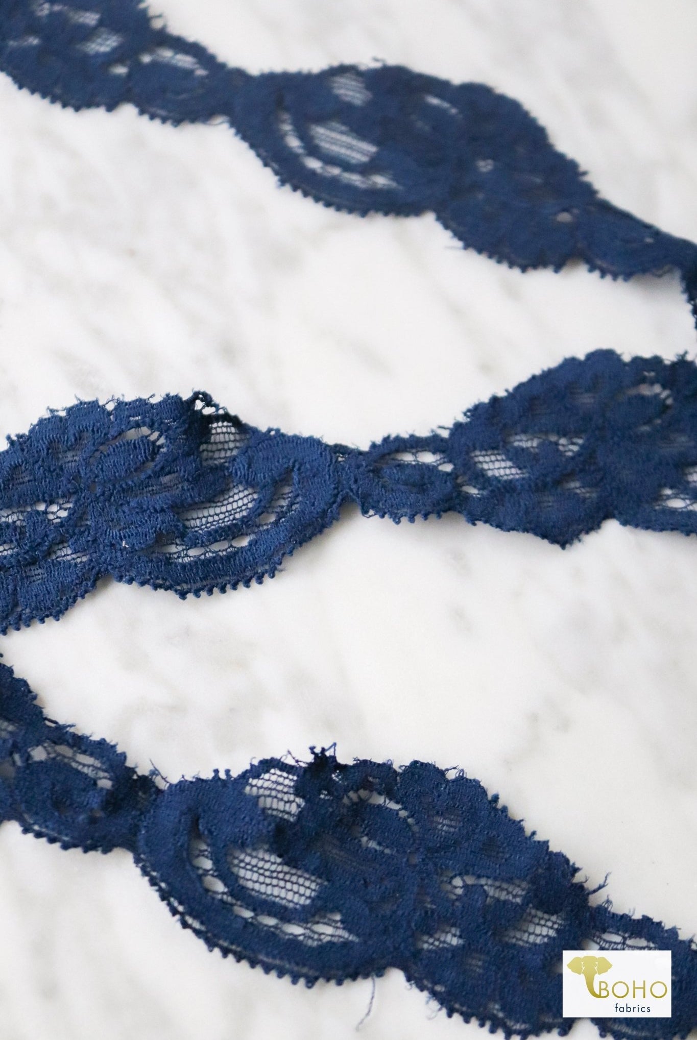 1.5" Navy Florals, Stretch Lace Trim SOLD PER PACKAGE OF 3 YARDS. - Boho Fabrics