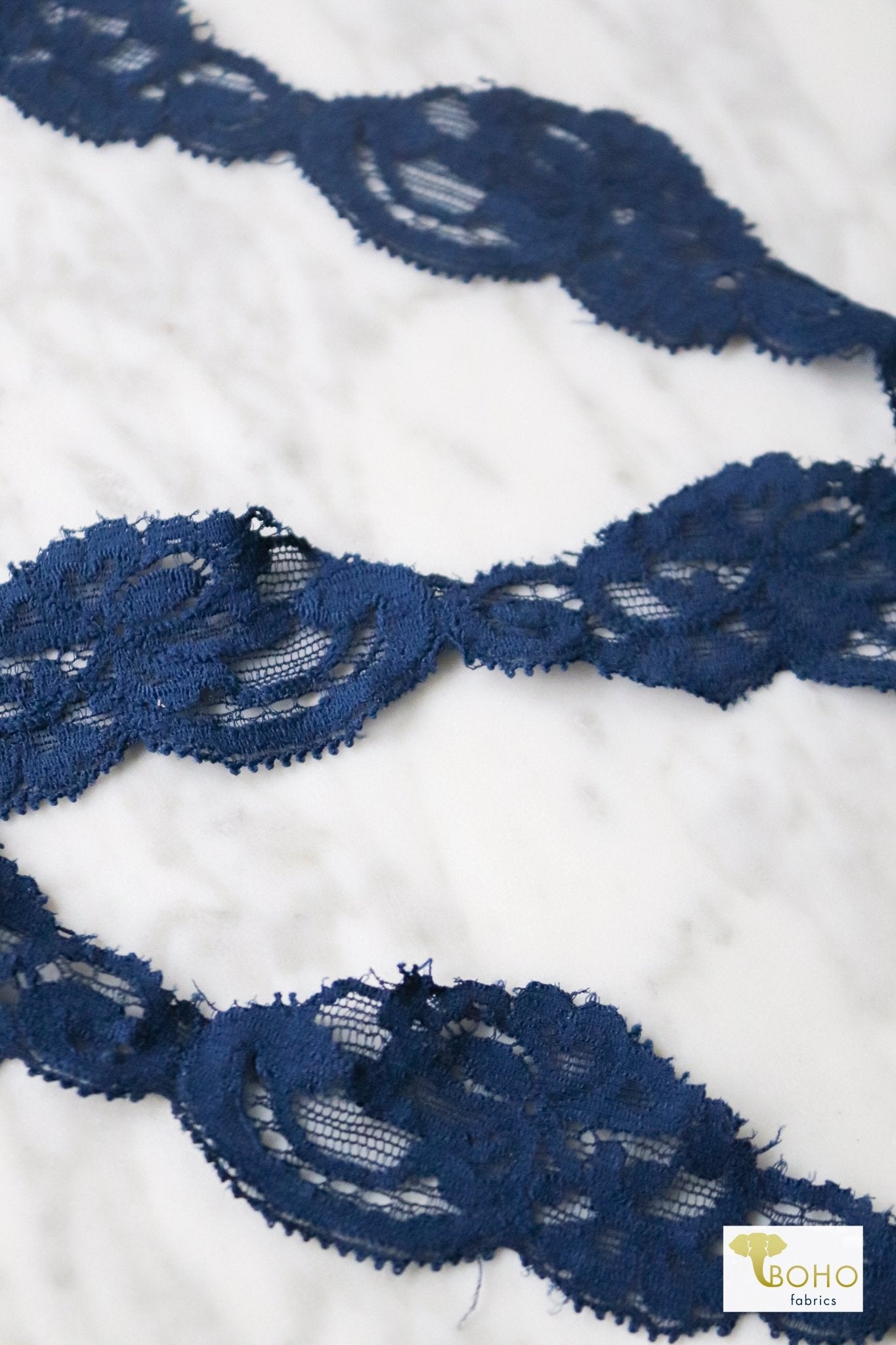 1.5" Navy Florals, Stretch Lace Trim SOLD PER PACKAGE OF 3 YARDS. - Boho Fabrics