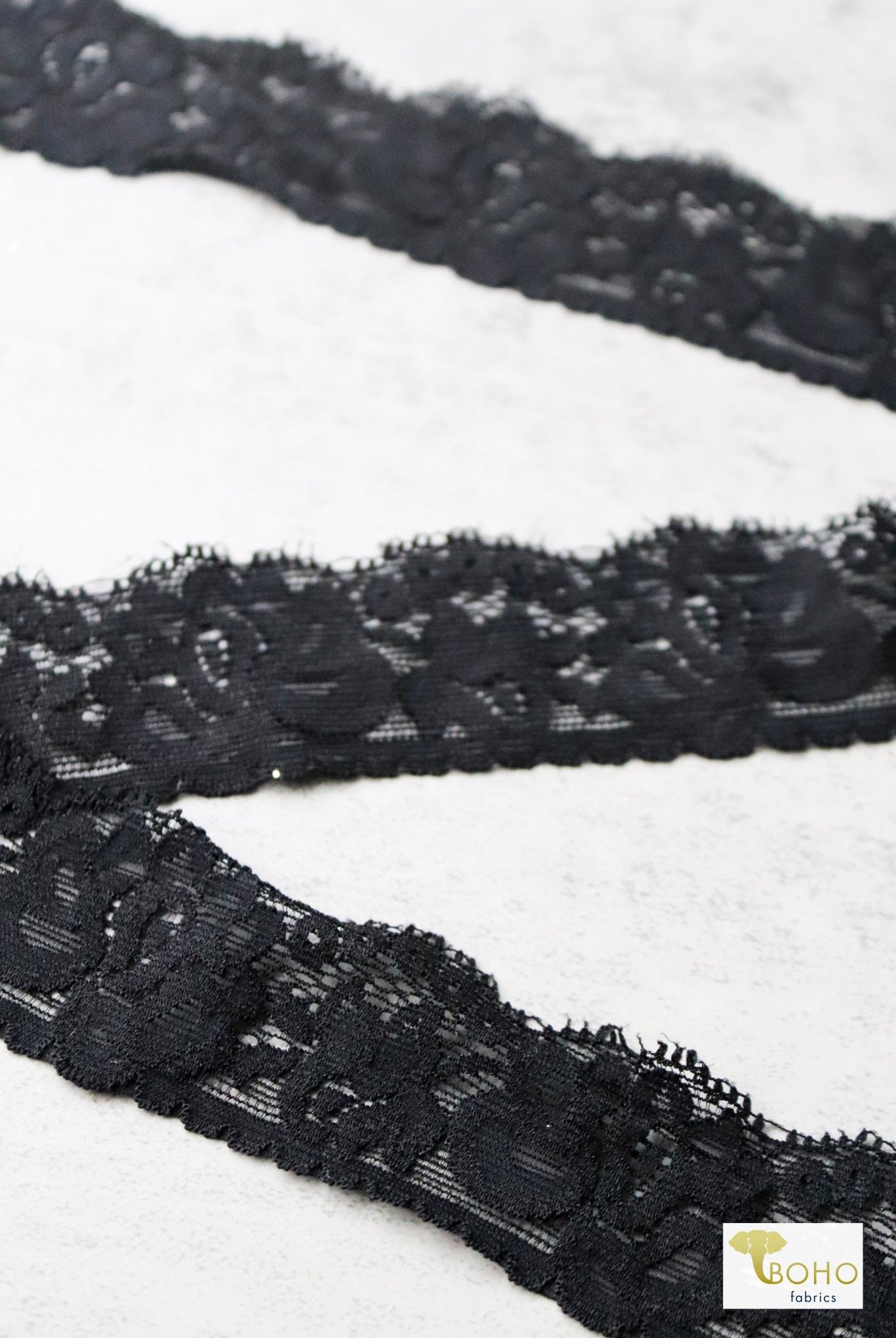 1.5" Rose Silhouette, Stretch Lace Trim SOLD PER PACKAGE OF 3 YARDS. - Boho Fabrics