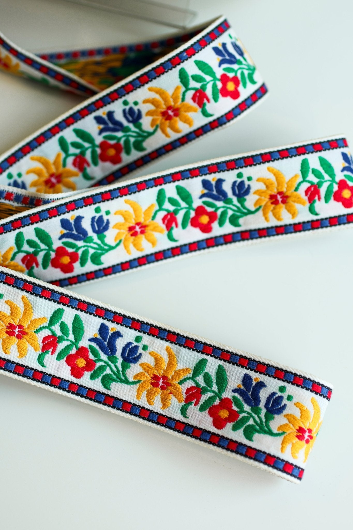 1.75" Festival Bloom, Primary Colorway on White. Vintage Jacquard Woven Trim, TRIM - 012 - Boho Fabrics - Trims