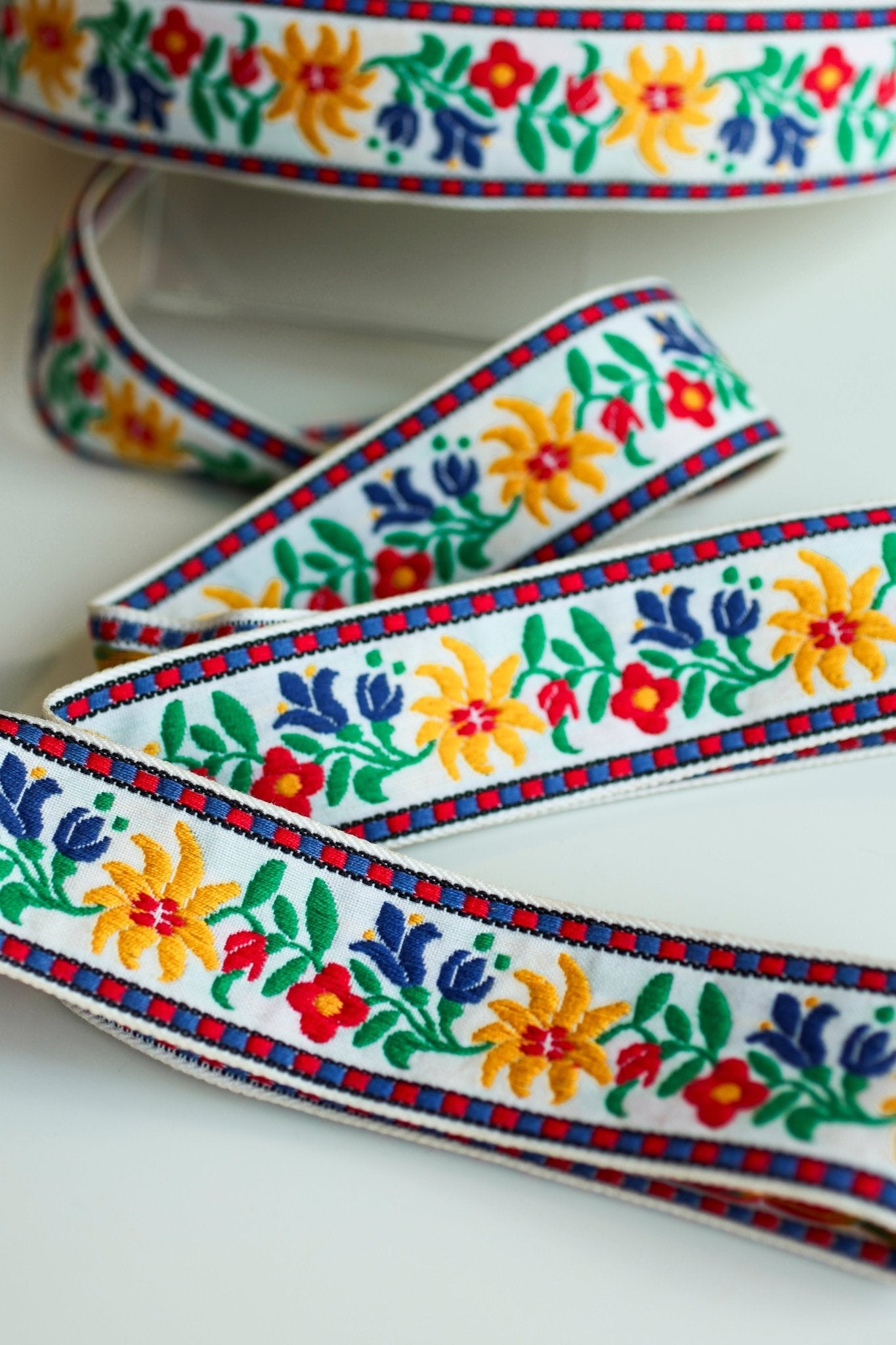 1.75" Festival Bloom, Primary Colorway on White. Vintage Jacquard Woven Trim, TRIM - 012 - Boho Fabrics - Trims