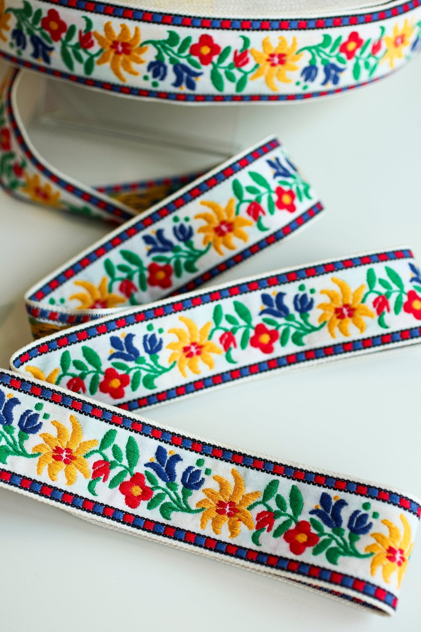1.75" Festival Bloom, Primary Colorway on White. Vintage Jacquard Woven Trim, TRIM - 012 - Boho Fabrics - Trims
