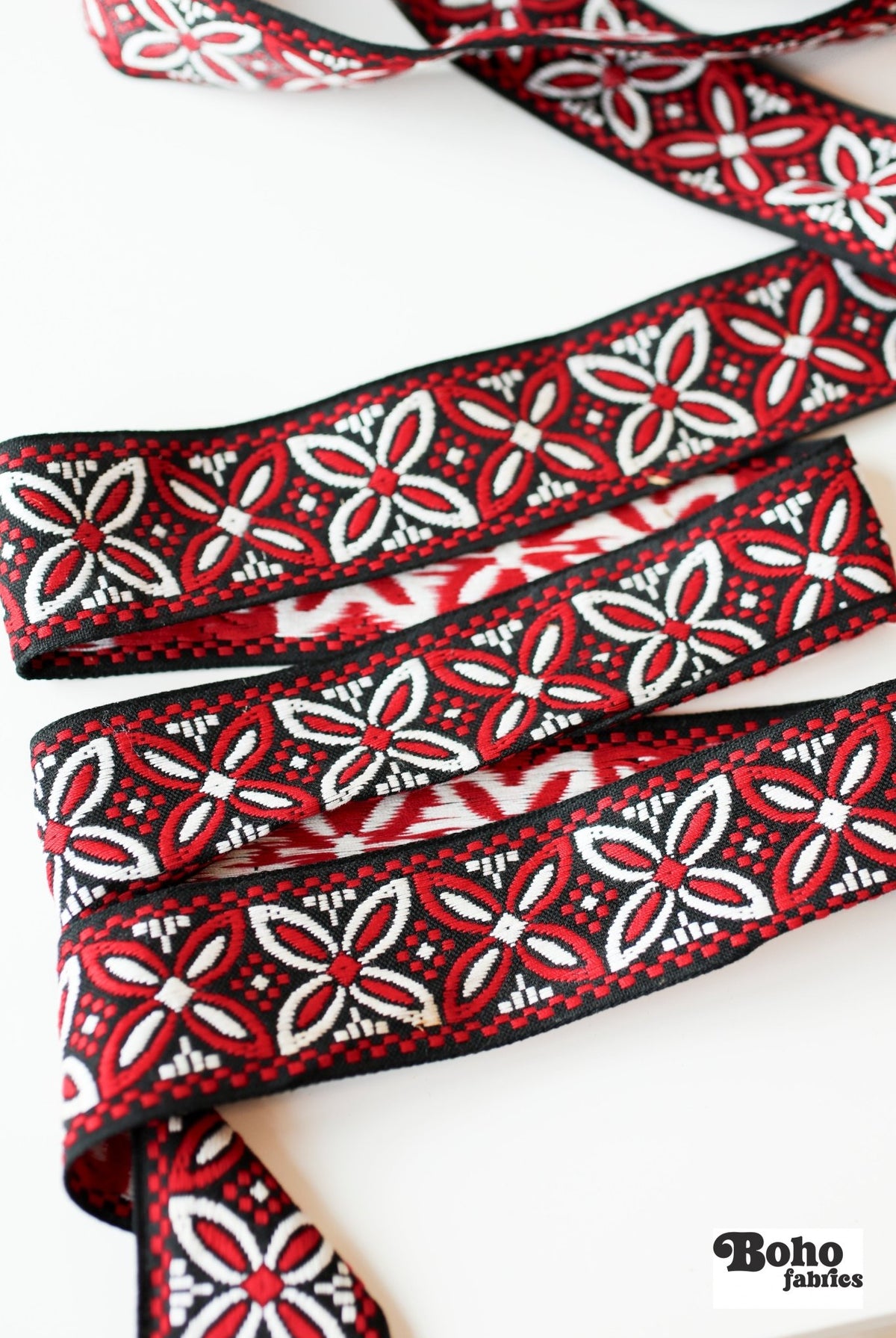 2" Alpine Petals in Red/Black. Jacquard Woven Trim. TRIM - 022 - Boho Fabrics - Trims