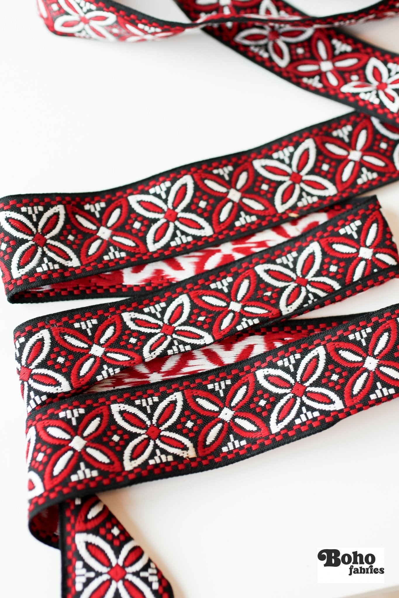 2" Alpine Petals in Red/Black. Jacquard Woven Trim. TRIM - 022 - Boho Fabrics - Trims