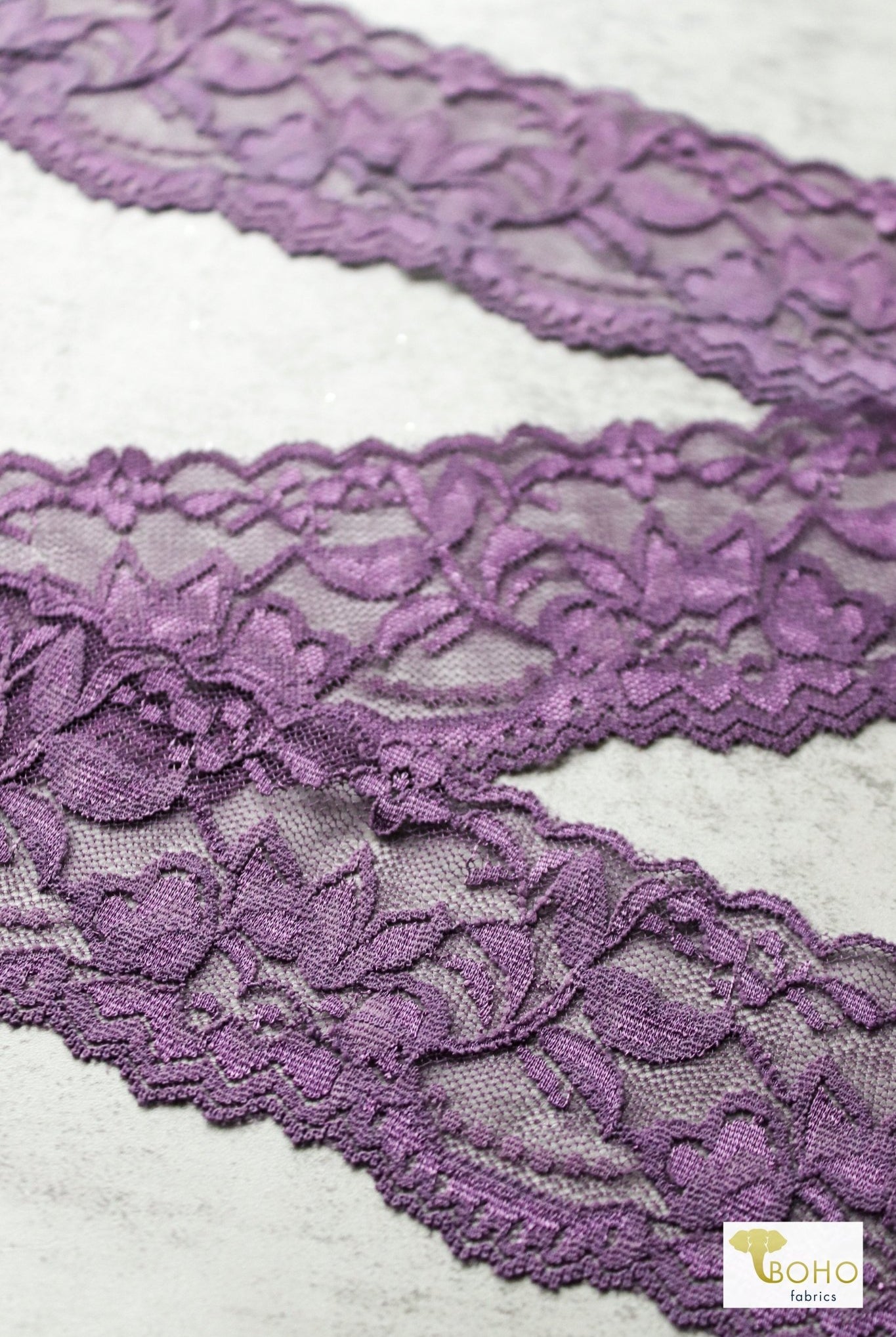 2.25" Dahlia Purple Florals, Stretch Lace Trim SOLD PER PACKAGE OF 3 YARDS. - Boho Fabrics
