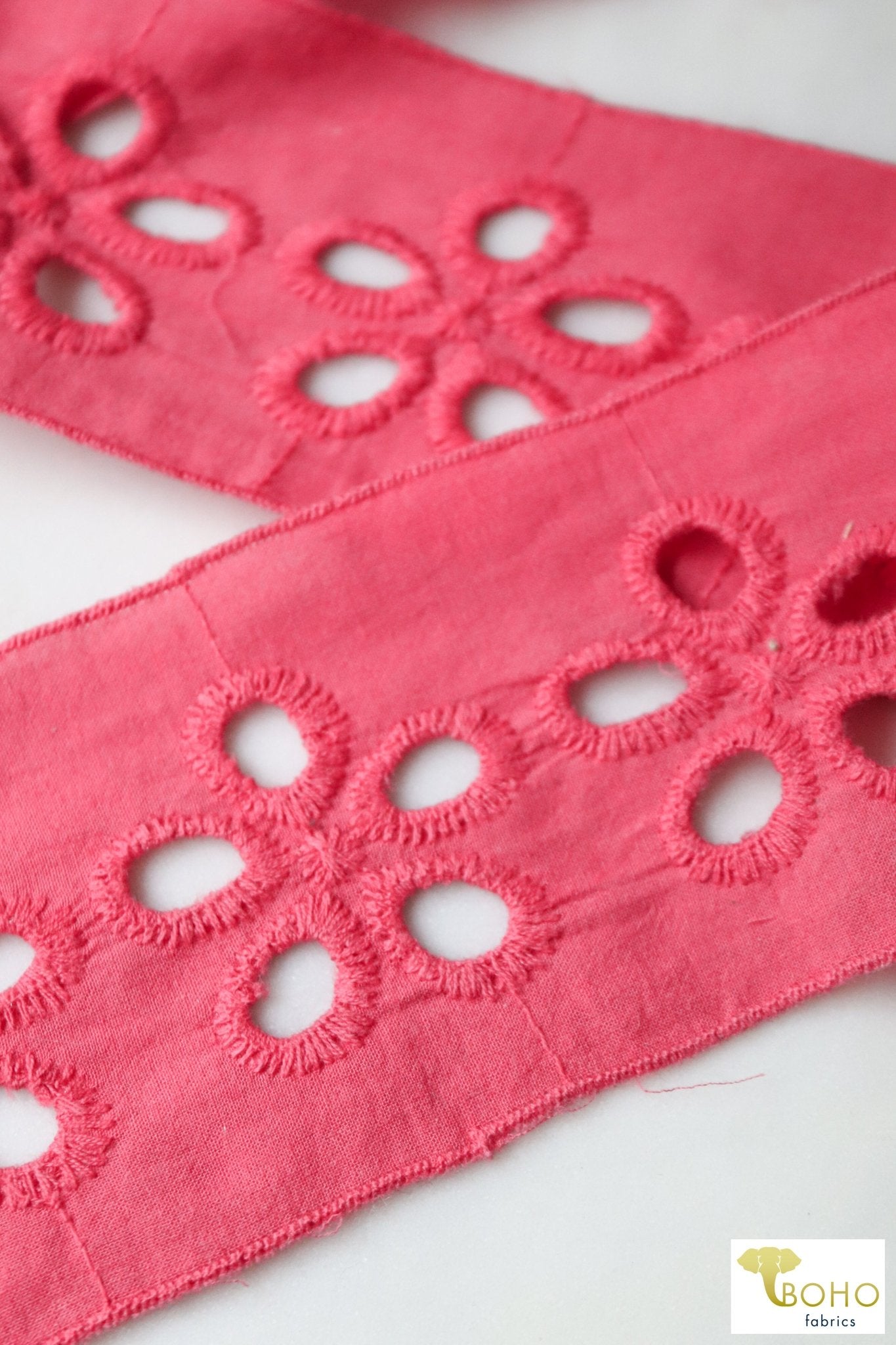 3 YARD PACK! Coral Pink California Poppy, Eyelet Embroidered Woven Trim. 2.75", WT-023-PNK - Boho Fabrics