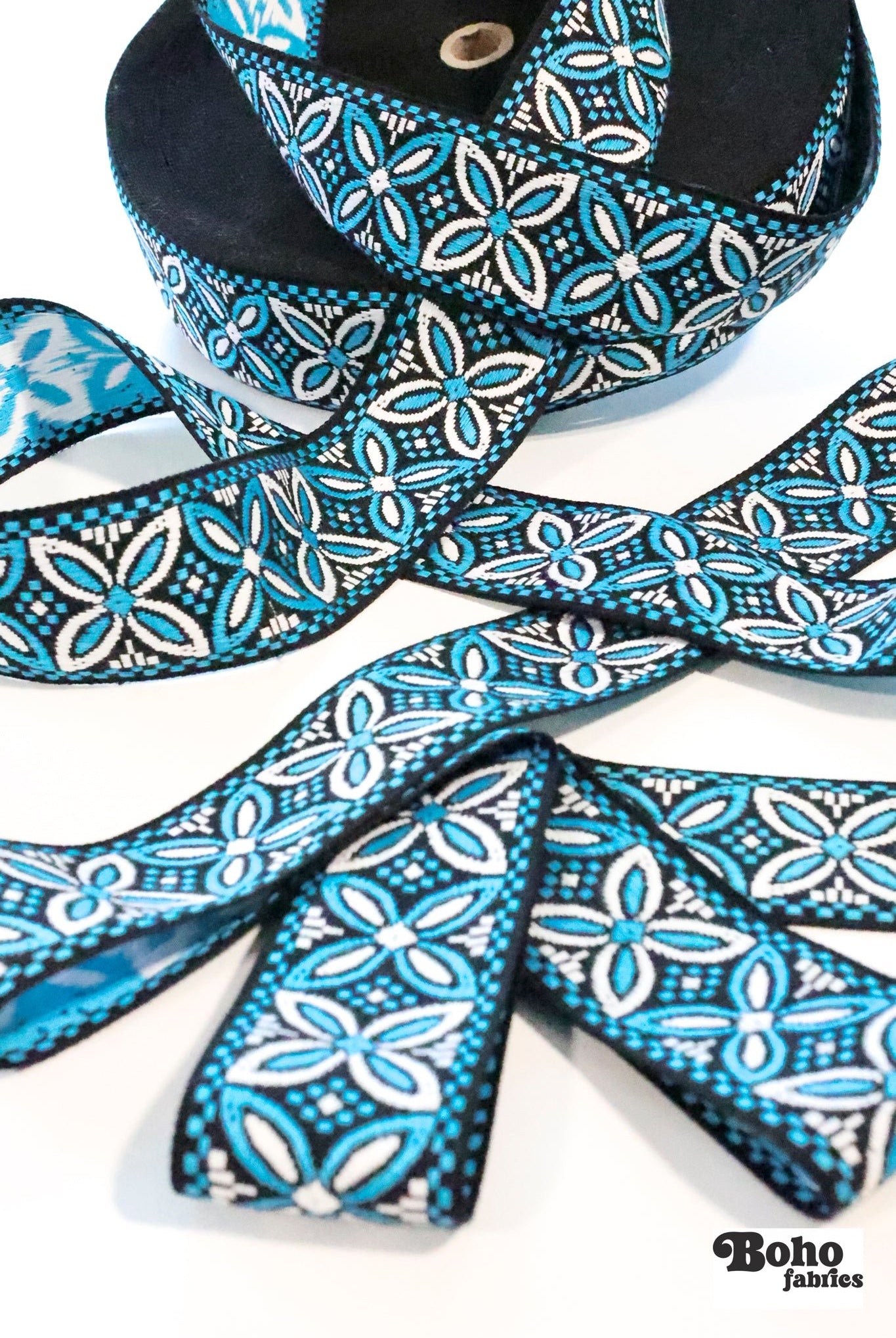 36 Yard Roll - Alpine Petals in Aqua, 1.875" Vintage Jacquard Woven Trim, TRIM - 042 - Boho Fabrics - Trims