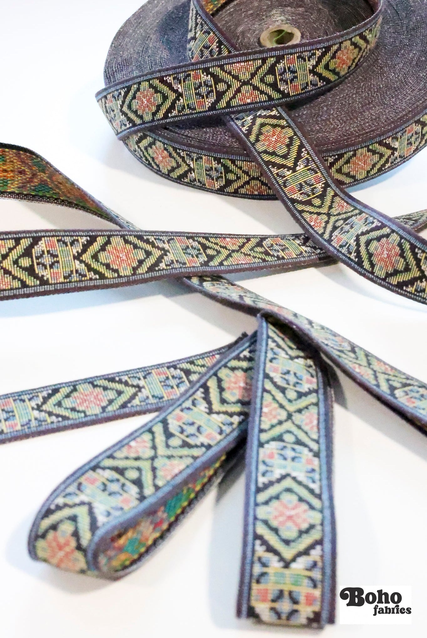 36 Yard Roll - Tapestry in Muted Black 2, 1 1/8" Vintage Jacquard Woven Trim (Webbing),TRIM - 043 - Boho Fabrics - Trims