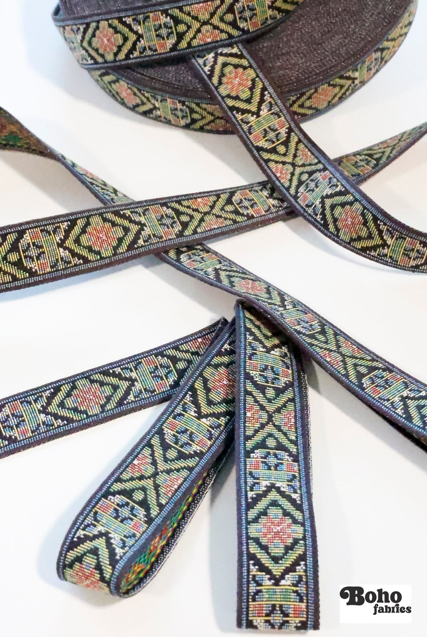 36 Yard Roll - Tapestry in Muted Black 2, 1 1/8" Vintage Jacquard Woven Trim (Webbing),TRIM - 043 - Boho Fabrics - Trims