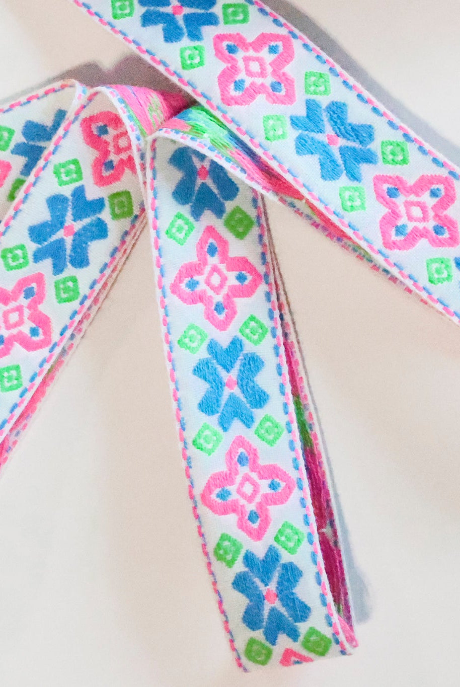 50 Yard Roll - Geo Axis, Pink/Blue/Green on White. Vintage Jacquard Woven Trim, 1.0625" TRIM - 037 - Boho Fabrics - Trims
