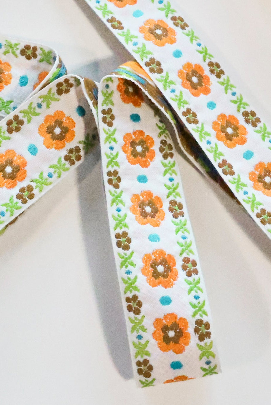 50 Yard Roll - Stitchwork Blooms in Clementine Orange. 1.325" Vintage Jacquard Woven Trim. TRIM - 039 - Boho Fabrics - Trims