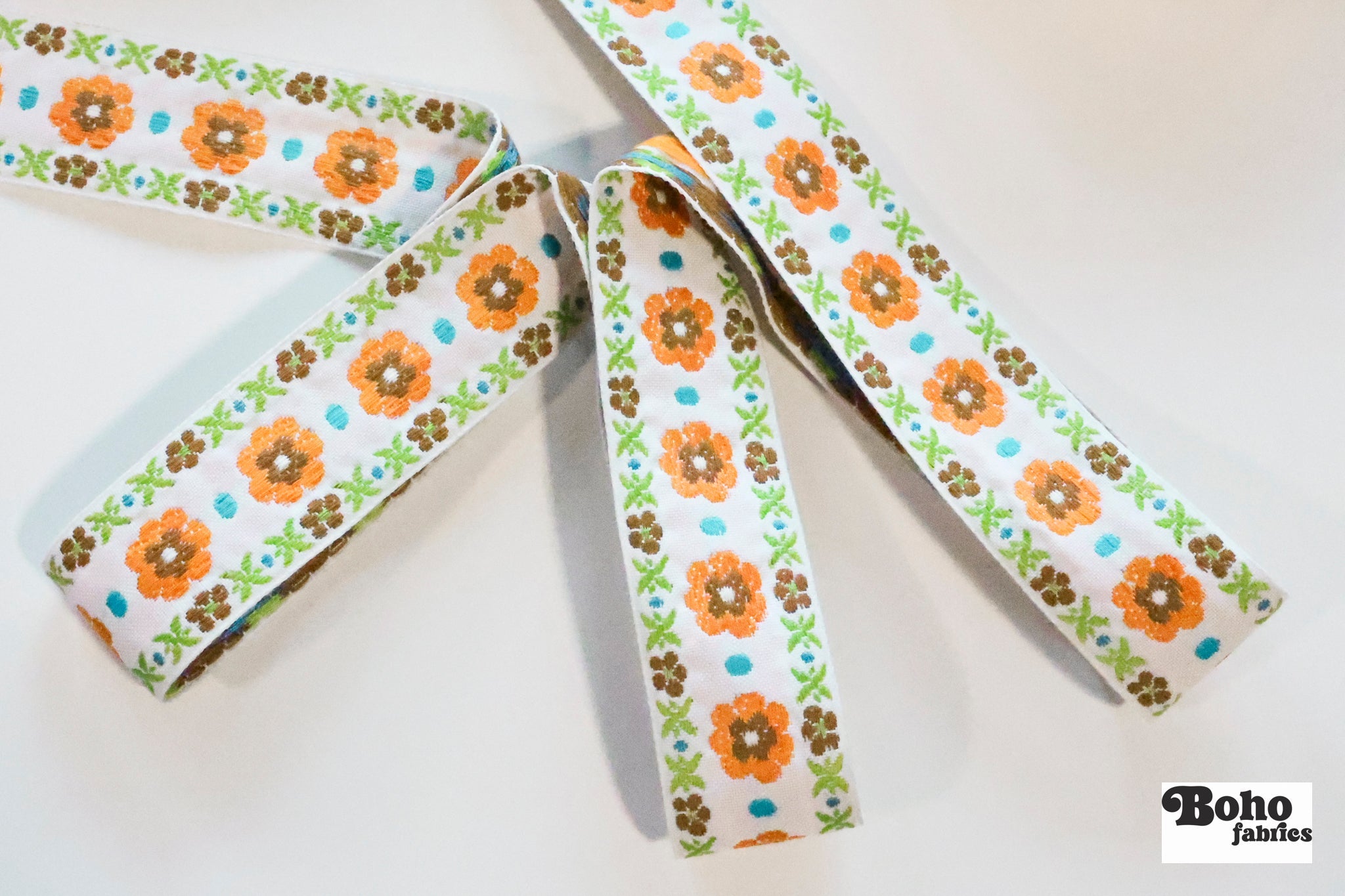 50 Yard Roll - Stitchwork Blooms in Clementine Orange. 1.325" Vintage Jacquard Woven Trim. TRIM - 039 - Boho Fabrics - Trims