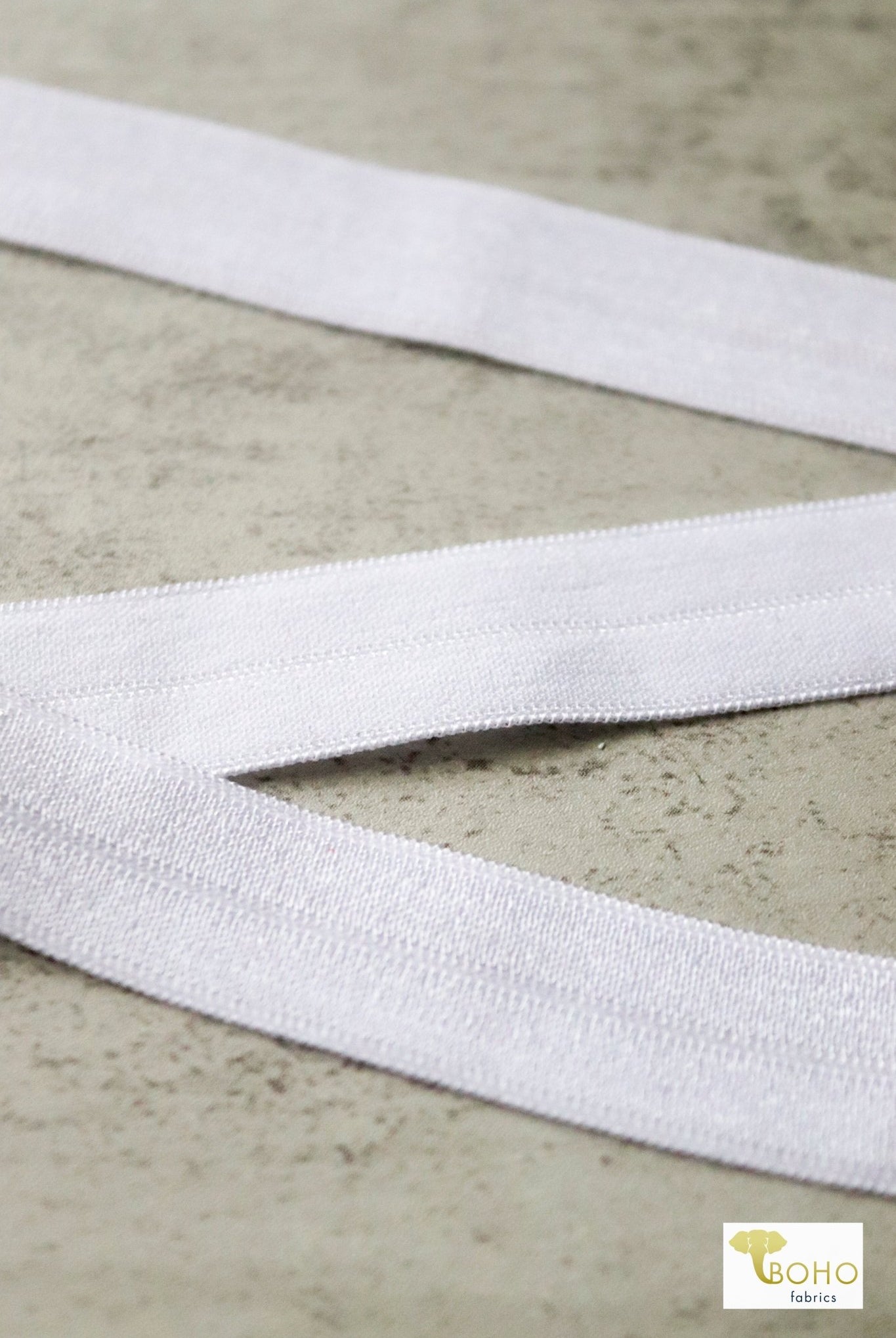 5/8" White, Fold Over Elastic. SOLD PER PACKAGE OF 3 YARDS. - Boho Fabrics