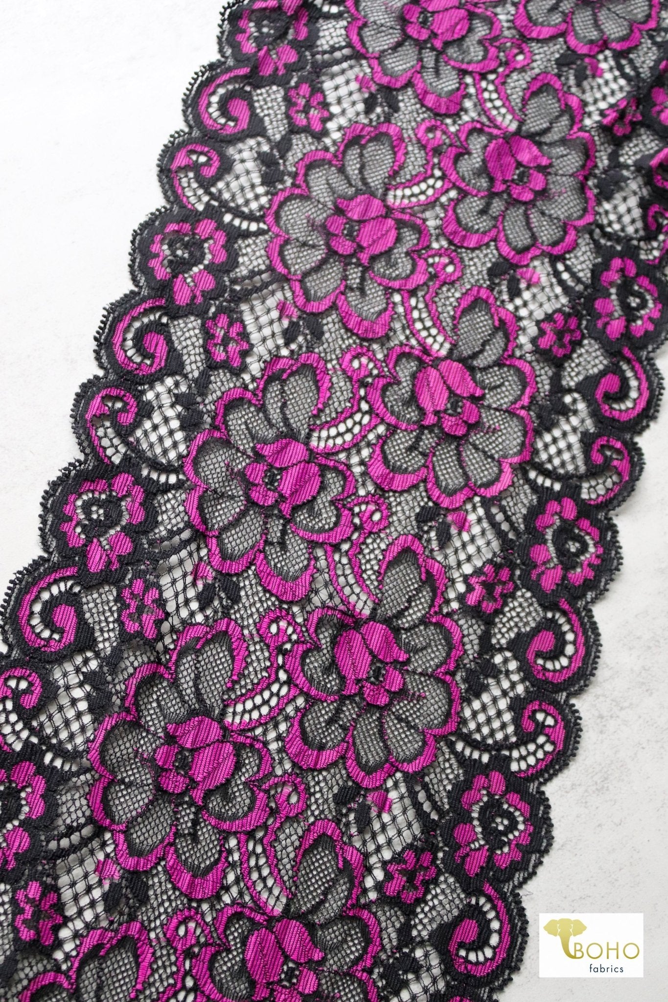7" Fuchsia Florals. Stretch Galloon Lace Trim. - Boho Fabrics
