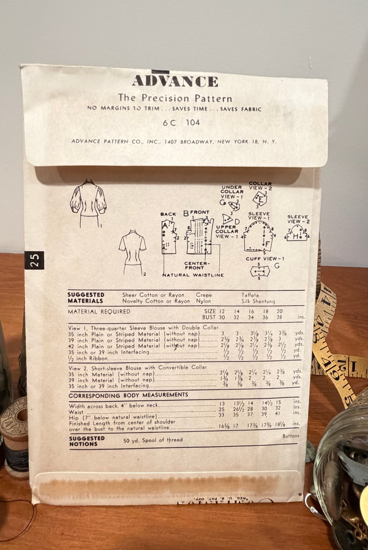 Advance Sewing Pattern #6145 — Blouse with Gigot Sleeves, Size 16, Bust 34, Vintage 1950s - Boho Fabrics - Sewing Patterns