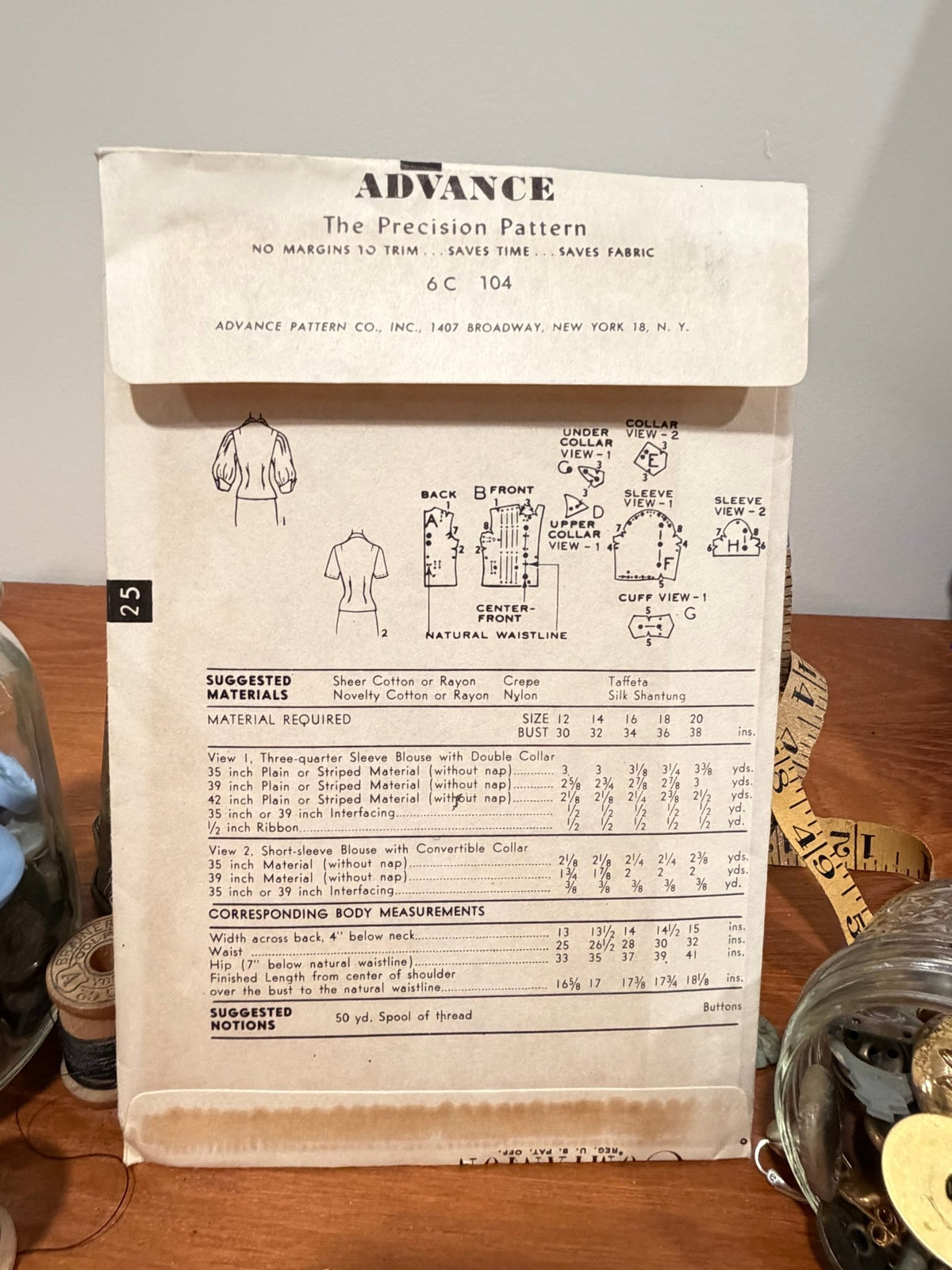 Advance Sewing Pattern #6145 — Blouse with Gigot Sleeves, Size 16, Bust 34, Vintage 1950s - Boho Fabrics - Sewing Patterns