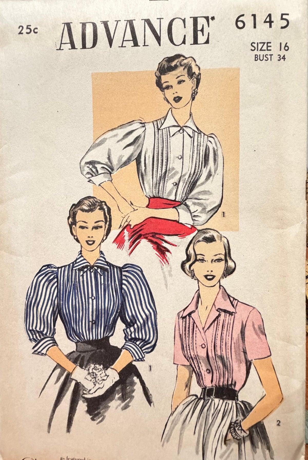 Advance Sewing Pattern #6145 — Blouse with Gigot Sleeves, Size 16, Bust 34, Vintage 1950s - Boho Fabrics - Sewing Patterns