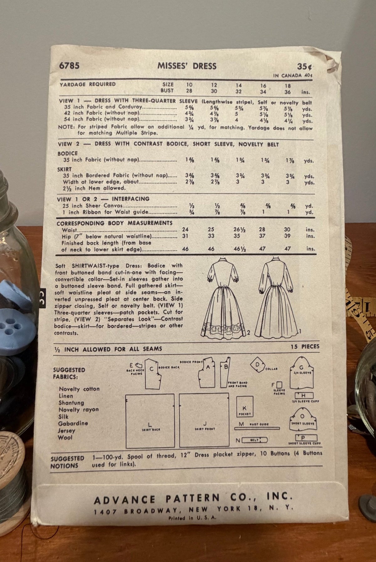 Advance Sewing Pattern #6785 — Button-Front Dress with Placket & Full Skirt, Size 14, Bust 32, Vintage 1950s - Boho Fabrics - Sewing Patterns