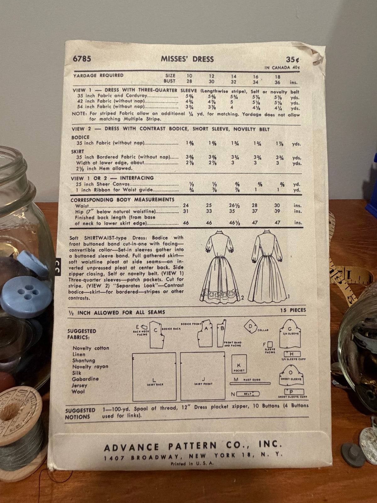 Advance Sewing Pattern #6785 — Button-Front Dress with Placket & Full Skirt, Size 14, Bust 32, Vintage 1950s - Boho Fabrics - Sewing Patterns
