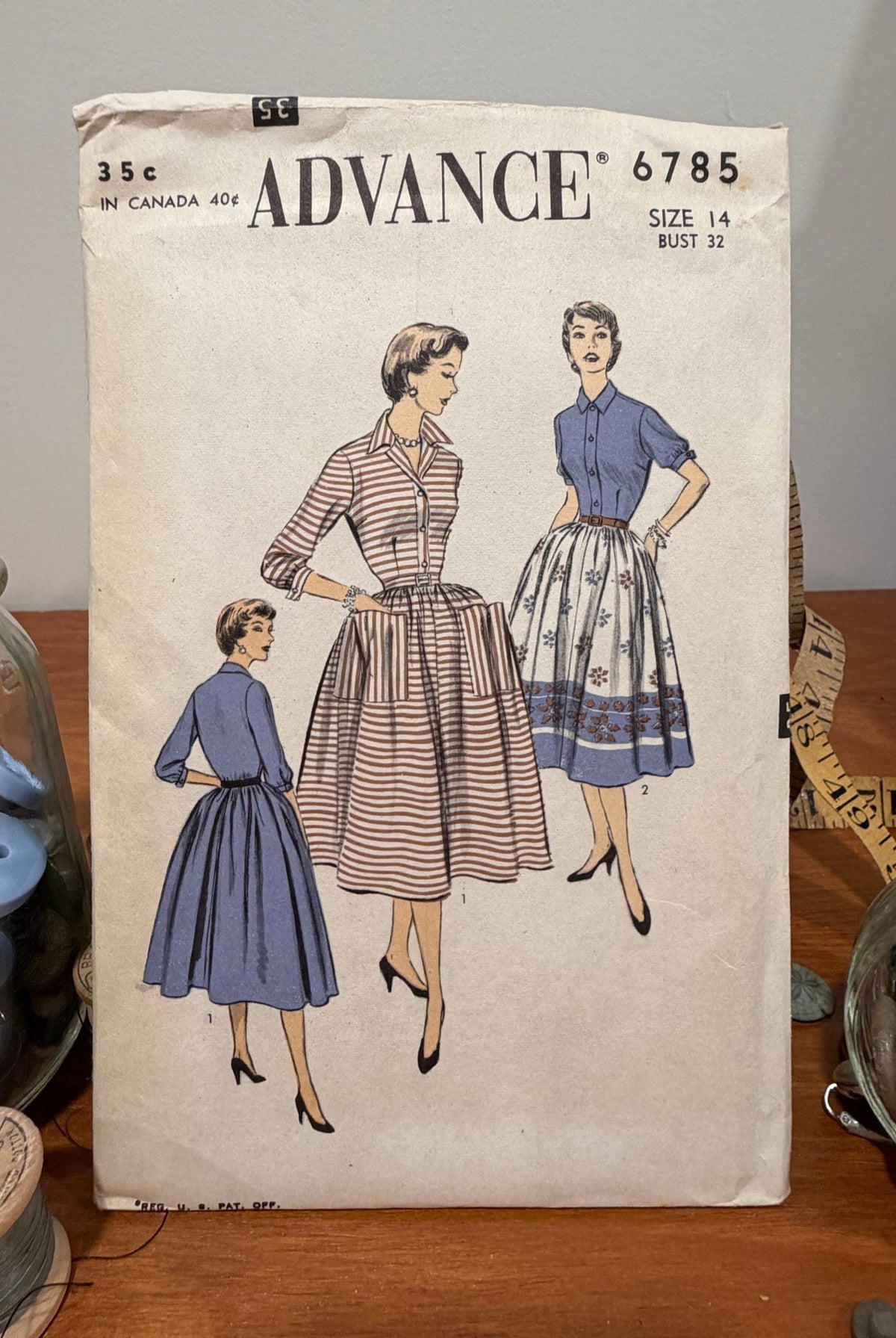 Advance Sewing Pattern #6785 — Button-Front Dress with Placket & Full Skirt, Size 14, Bust 32, Vintage 1950s - Boho Fabrics - Sewing Patterns