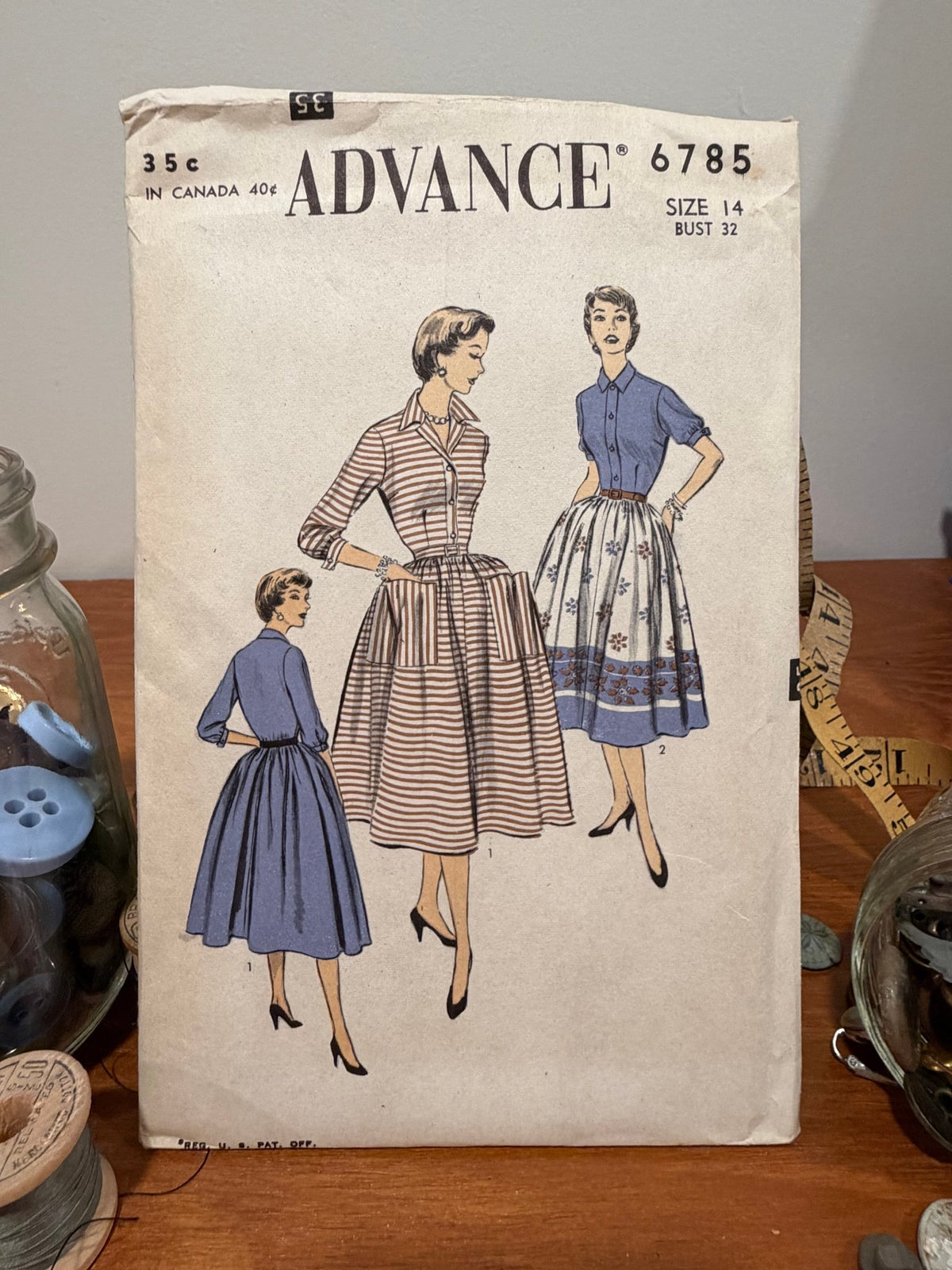 Advance Sewing Pattern #6785 — Button-Front Dress with Placket & Full Skirt, Size 14, Bust 32, Vintage 1950s - Boho Fabrics - Sewing Patterns