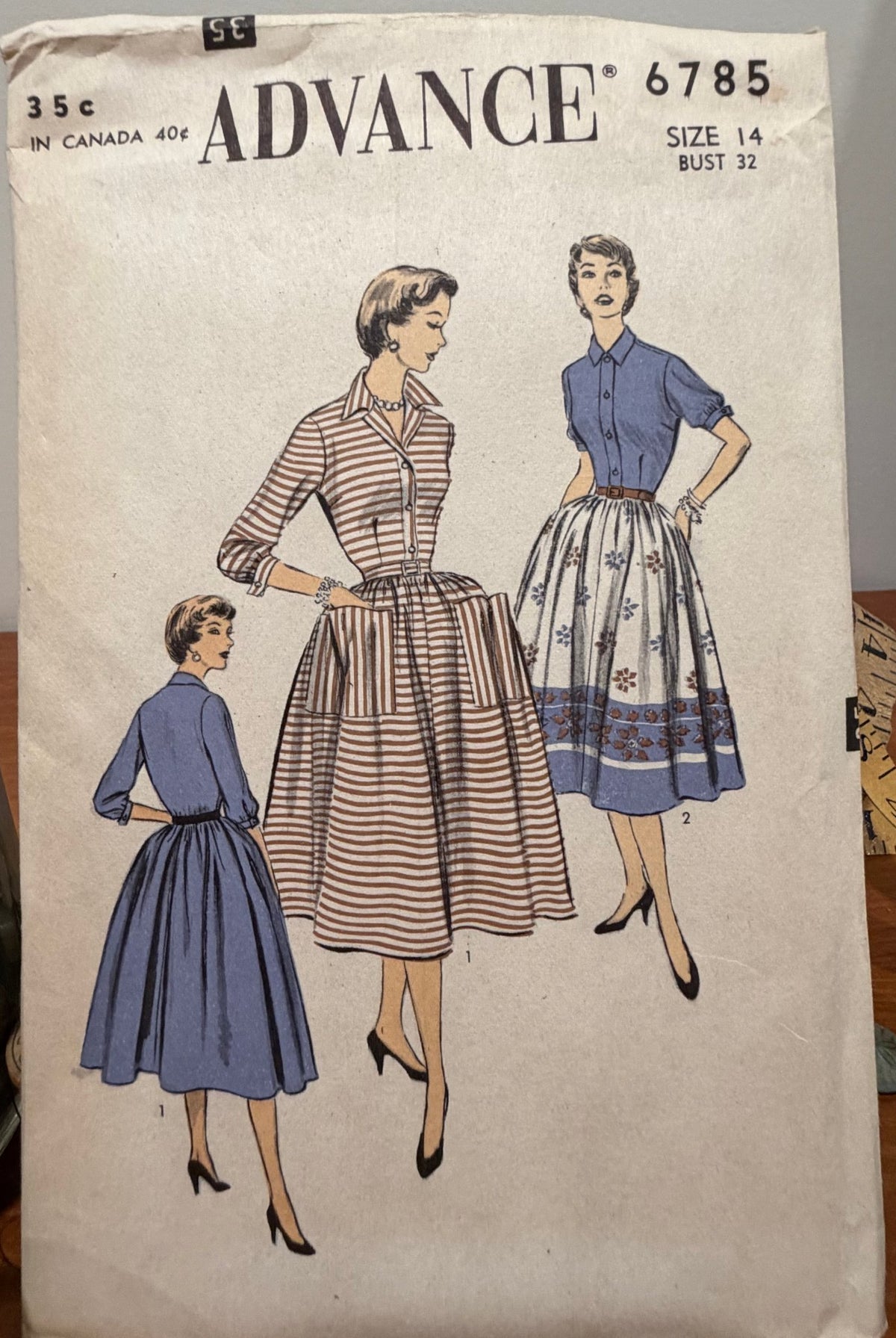 Advance Sewing Pattern #6785 — Button-Front Dress with Placket & Full Skirt, Size 14, Bust 32, Vintage 1950s - Boho Fabrics - Sewing Patterns