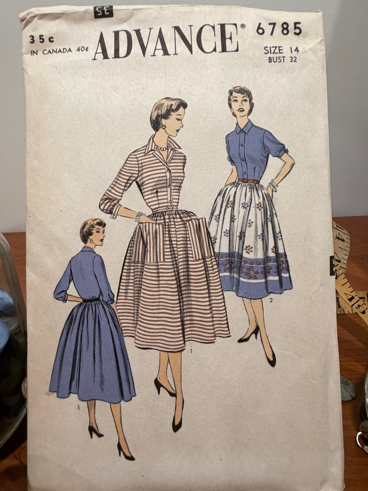 Advance Sewing Pattern #6785 — Button-Front Dress with Placket & Full Skirt, Size 14, Bust 32, Vintage 1950s - Boho Fabrics - Sewing Patterns
