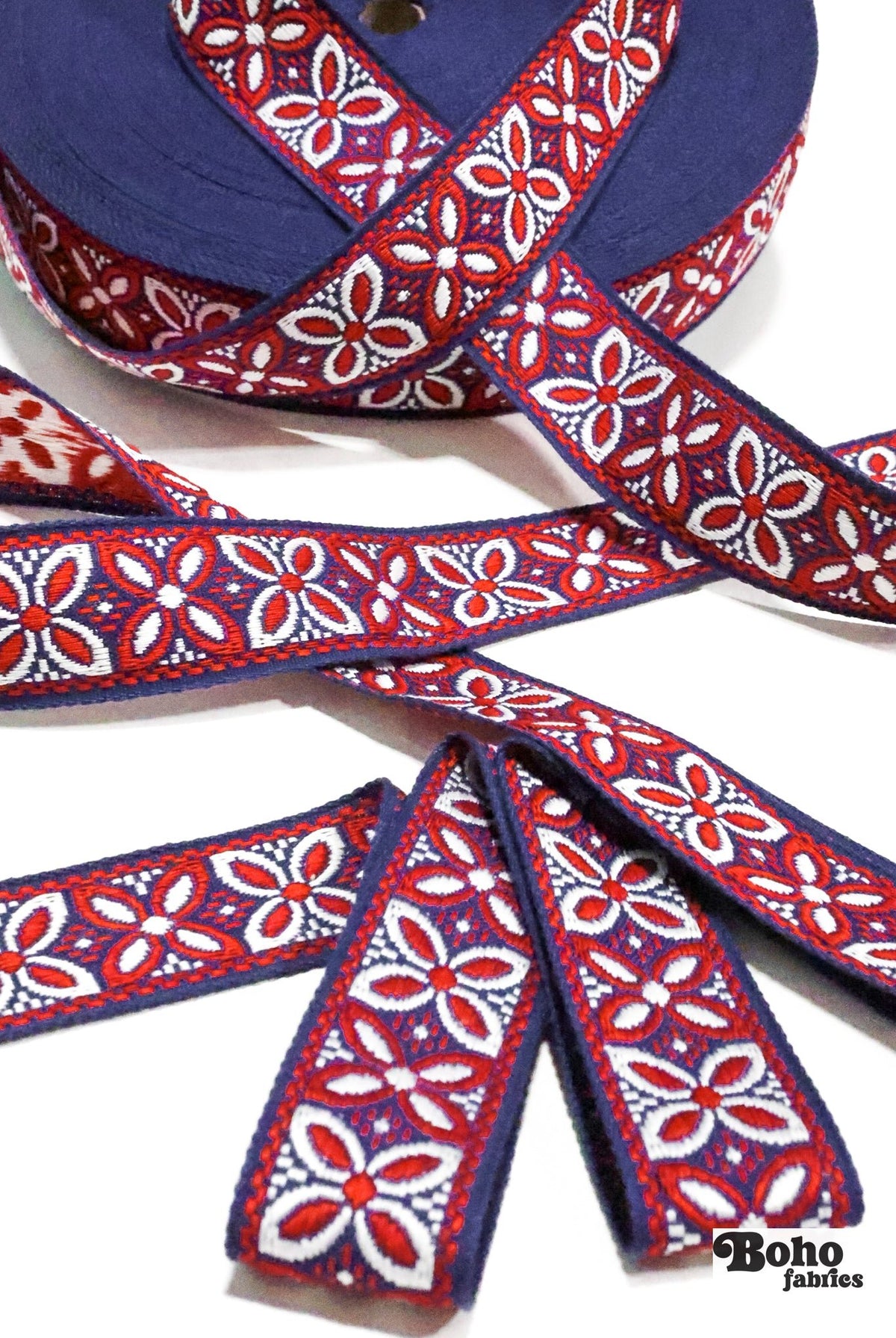 Alpine Petals in Navy & Red, 1.25" Vintage Jacquard Woven Trim. TRIM - 045 - Boho Fabrics - Trims