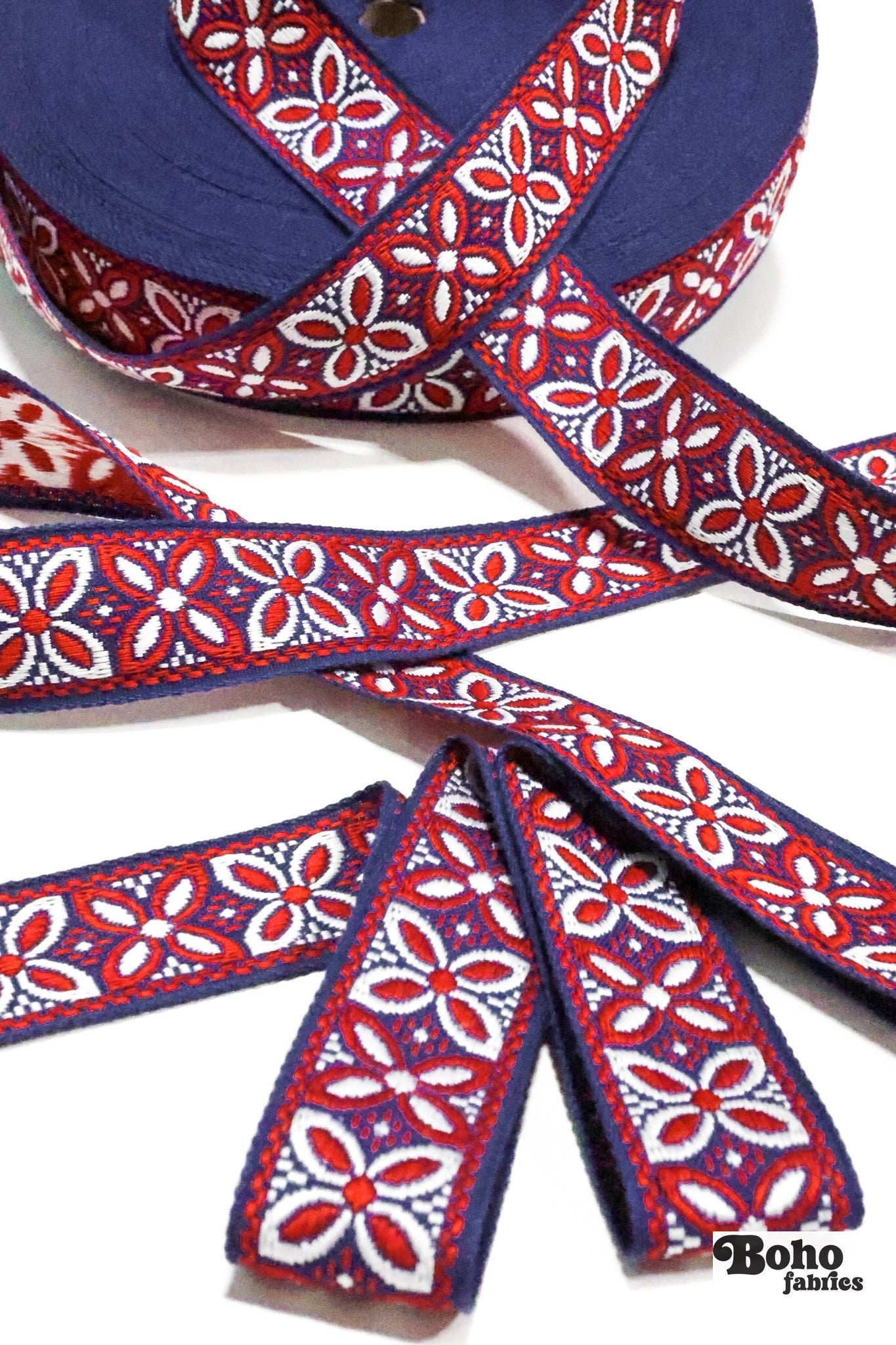 Alpine Petals in Navy & Red, 1.25" Vintage Jacquard Woven Trim. TRIM - 045 - Boho Fabrics - Trims
