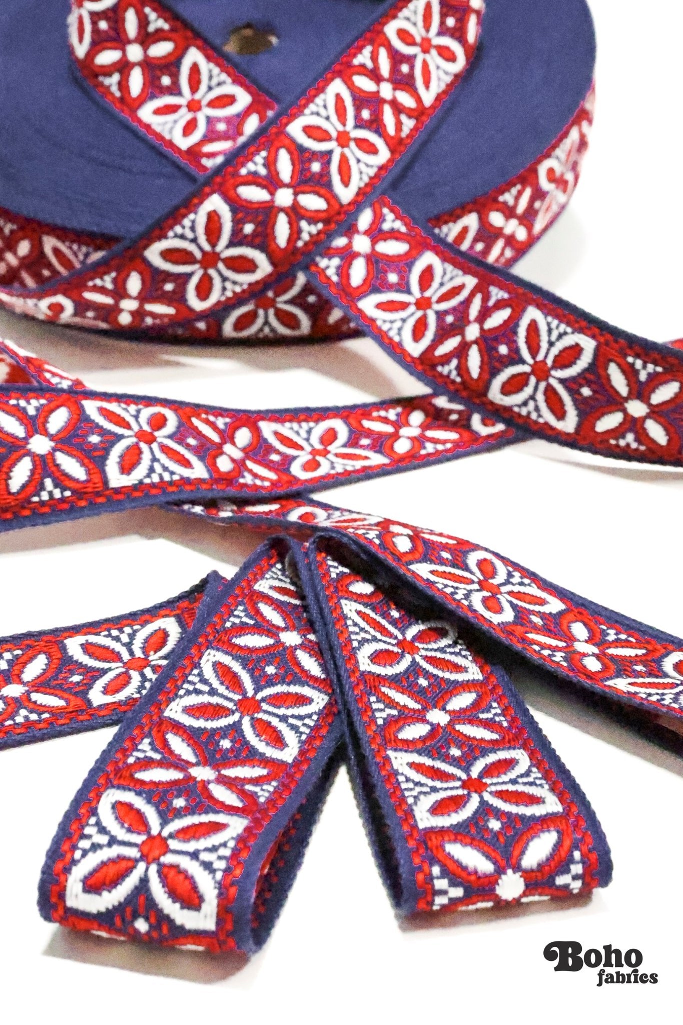 Alpine Petals in Navy & Red, 1.25" Vintage Jacquard Woven Trim. TRIM - 045 - Boho Fabrics - Trims