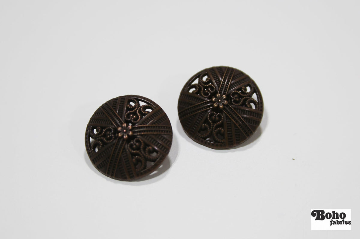 Antique Bronze Dome Filigree Metal Shank Buttons. 24L (15mm / 5/8"), 30L (19mm, 3/4"), 36L (23mm / 7/8") - Boho Fabrics - Buttons & Snaps