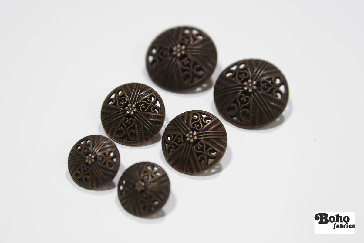 Antique Bronze Dome Filigree Metal Shank Buttons. 24L (15mm / 5/8"), 30L (19mm, 3/4"), 36L (23mm / 7/8") - Boho Fabrics - Buttons & Snaps