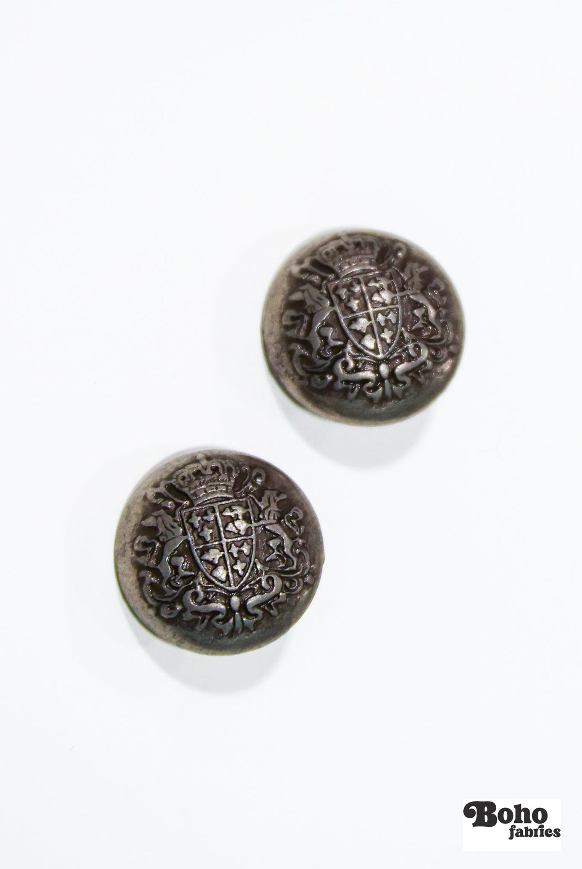Antique Silver Crest Dome Metal Shank Buttons. 24L (15mm / 5/8"), 26L (16.5mm / 5/8") - Boho Fabrics - Buttons & Snaps