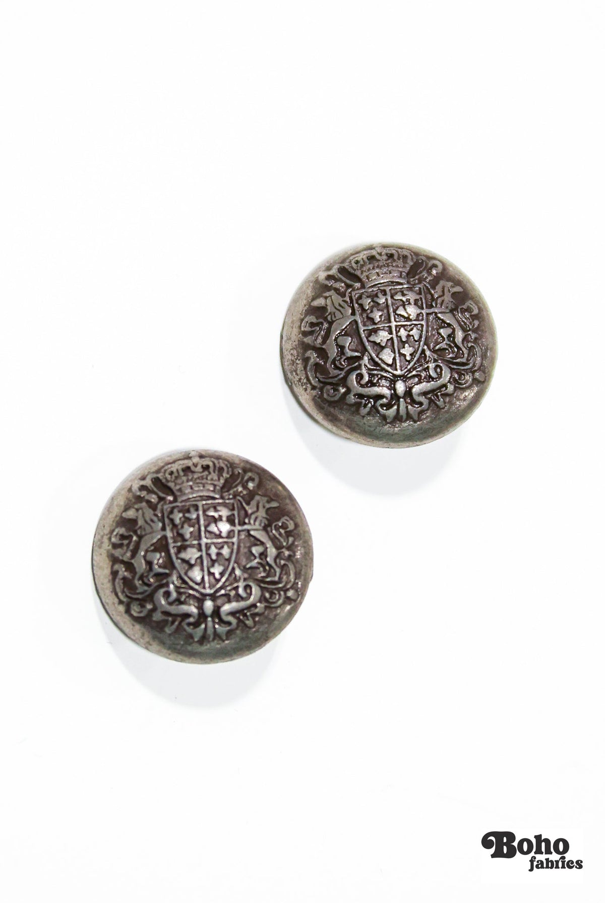 Antique Silver Crest Dome Metal Shank Buttons. 24L (15mm / 5/8"), 26L (16.5mm / 5/8") - Boho Fabrics - Buttons & Snaps