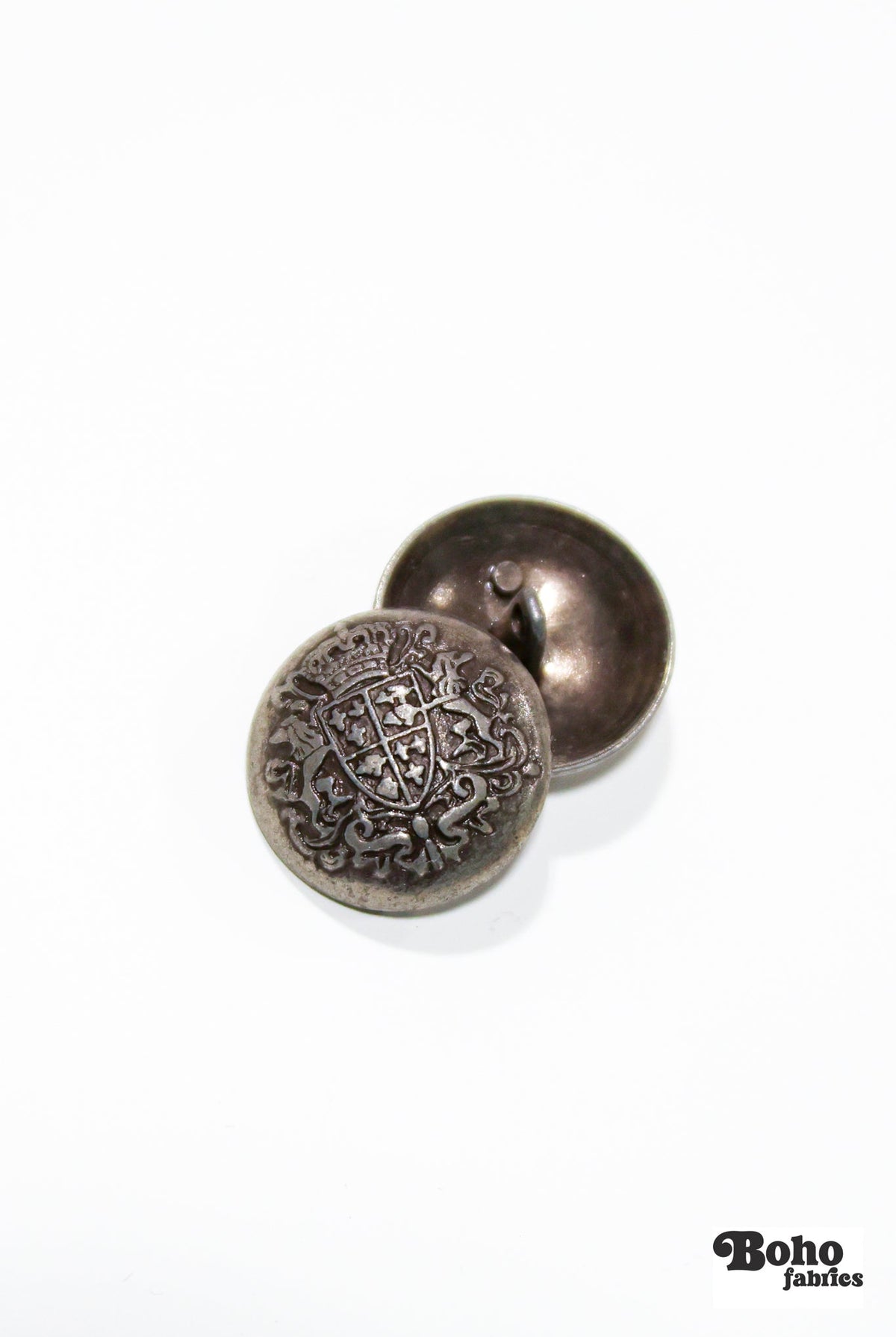 Antique Silver Crest Dome Metal Shank Buttons. 24L (15mm / 5/8"), 26L (16.5mm / 5/8") - Boho Fabrics - Buttons & Snaps