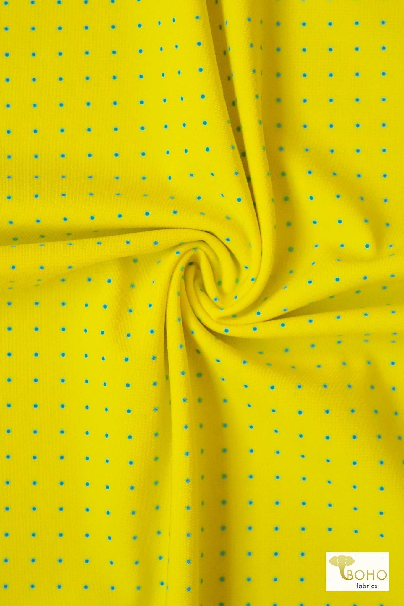 Aqua Polka Dots on Yellow, Swim Print Knit Fabric - Boho Fabrics