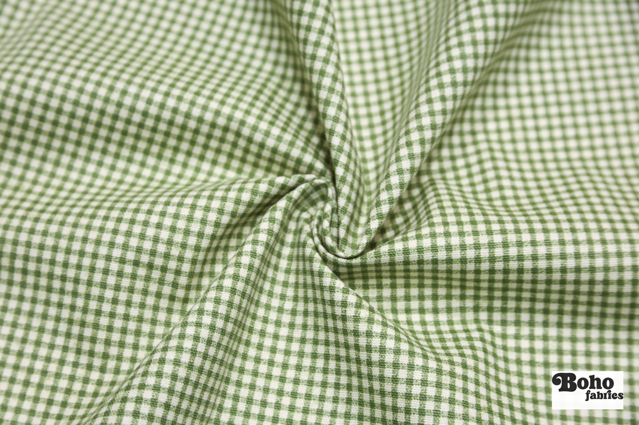 Beige and Grass Green Gingham Cotton Woven Fabric - Boho Fabrics - Woven, Fabric