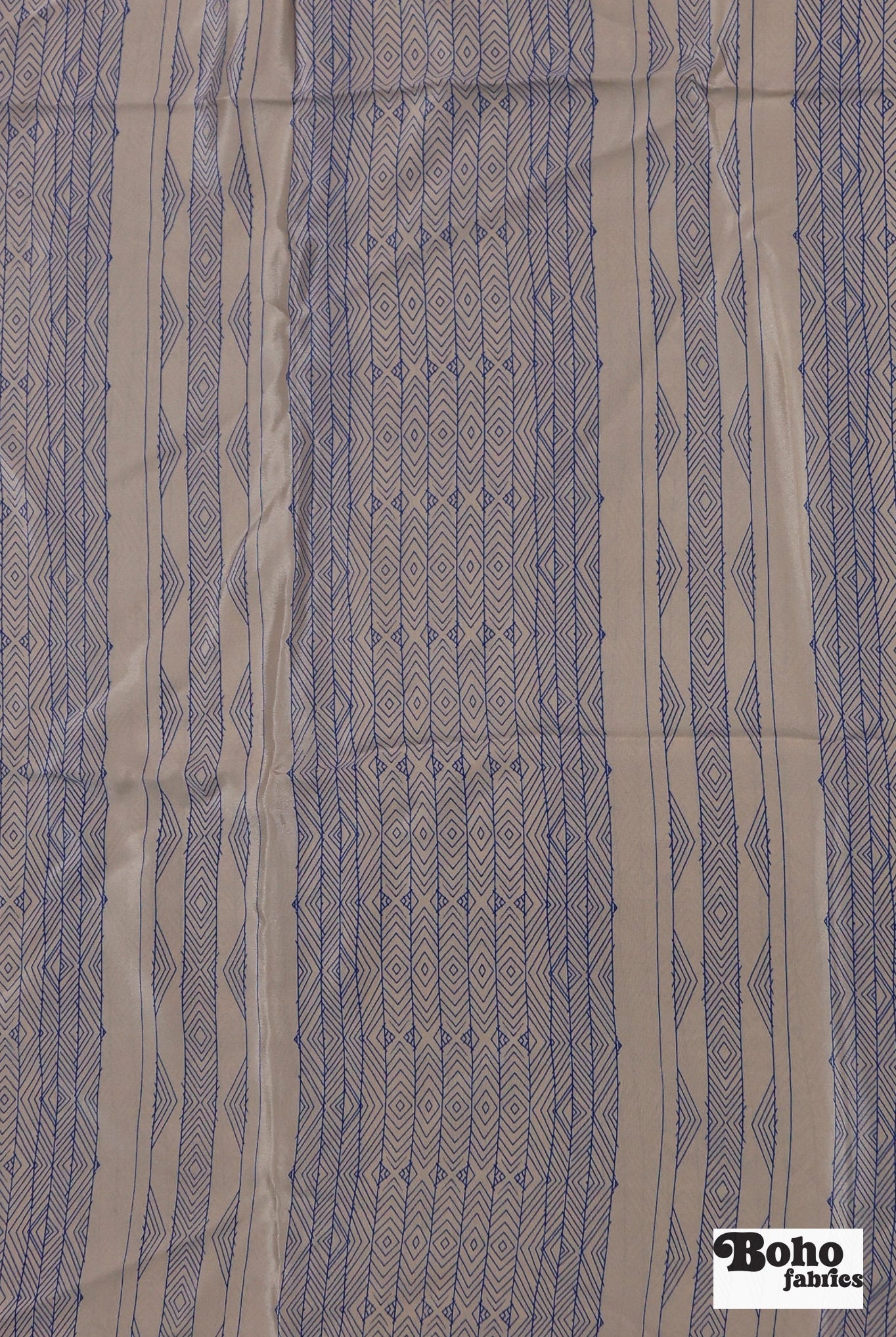 Beige with Blue Lines Geometric Silk Charmeuse Fabric, Pre-Cuts - Boho Fabrics - Woven Fabric
