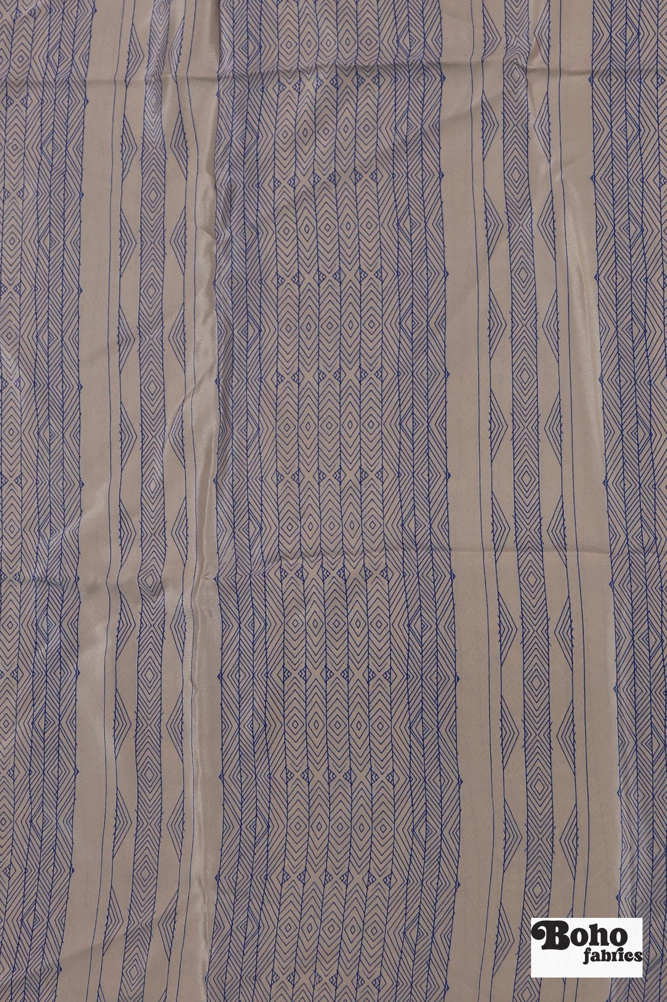 Beige with Blue Lines Geometric Silk Charmeuse Fabric, Pre-Cuts - Boho Fabrics - Woven Fabric