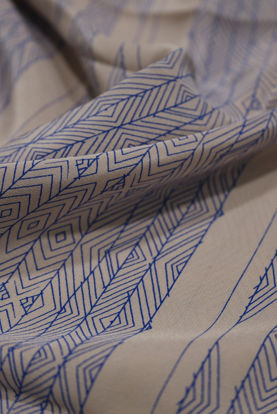 Beige with Blue Lines Geometric Silk Charmeuse Fabric, Pre-Cuts - Boho Fabrics - Woven Fabric