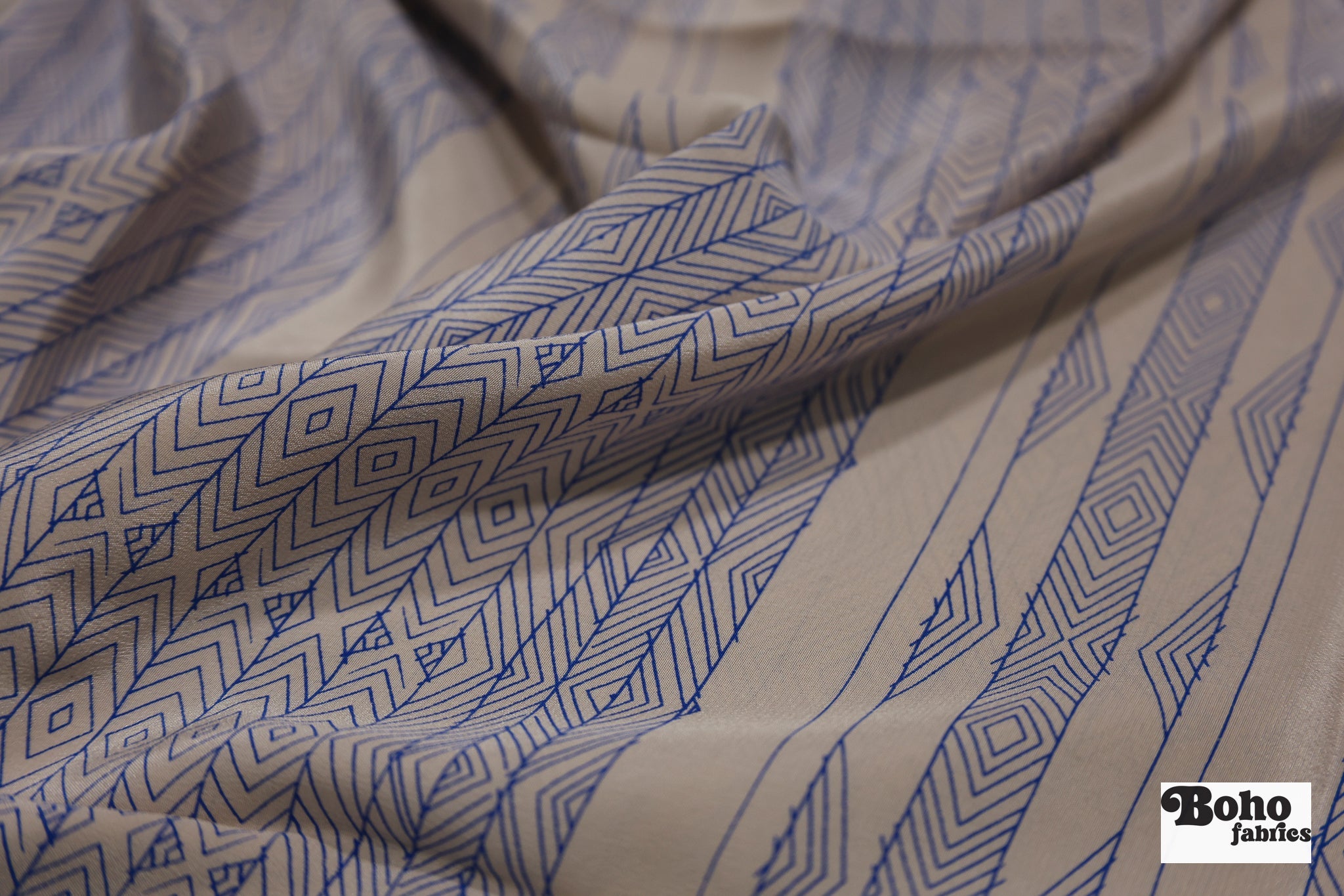 Beige with Blue Lines Geometric Silk Charmeuse Fabric, Pre-Cuts - Boho Fabrics - Woven Fabric
